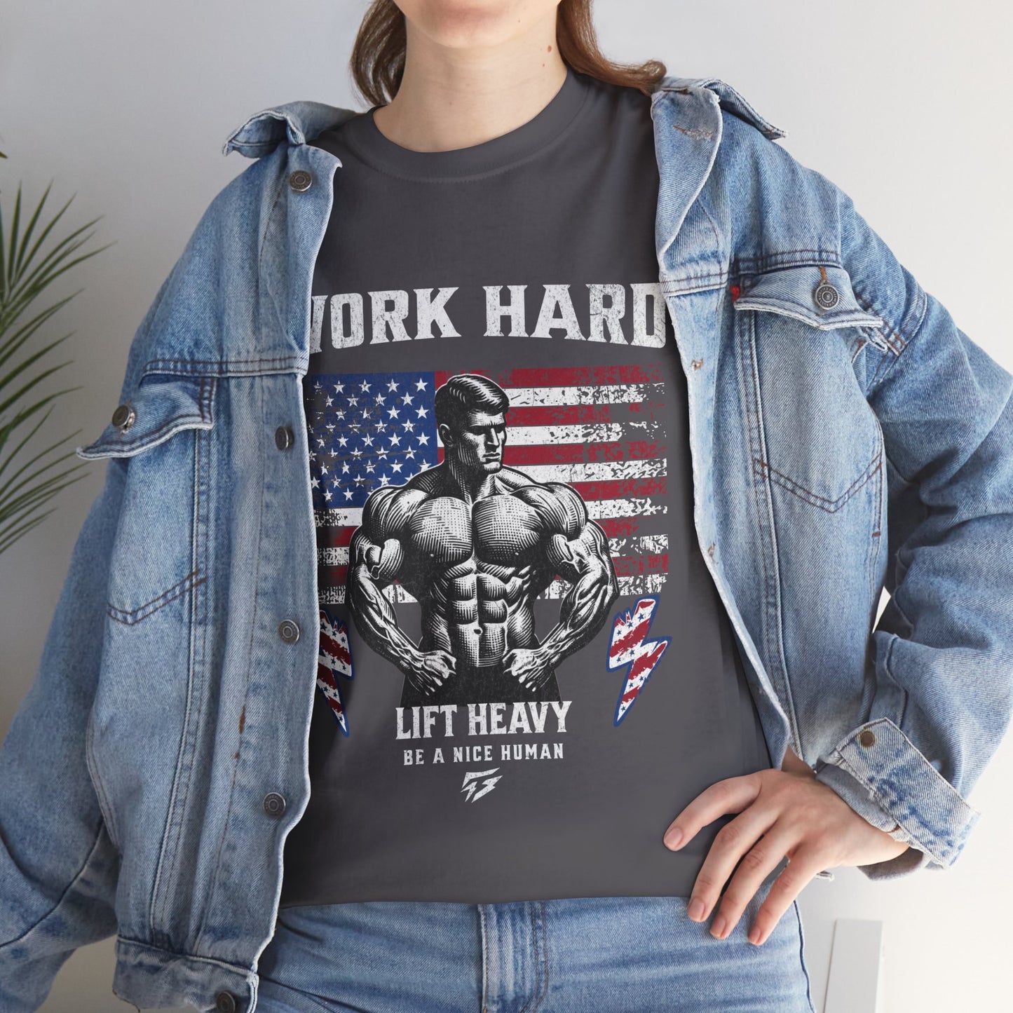 Work Hard Lift Heavy Gym Shirt Flashlander Cotton Unisex Charcoal Black Graphic Tee