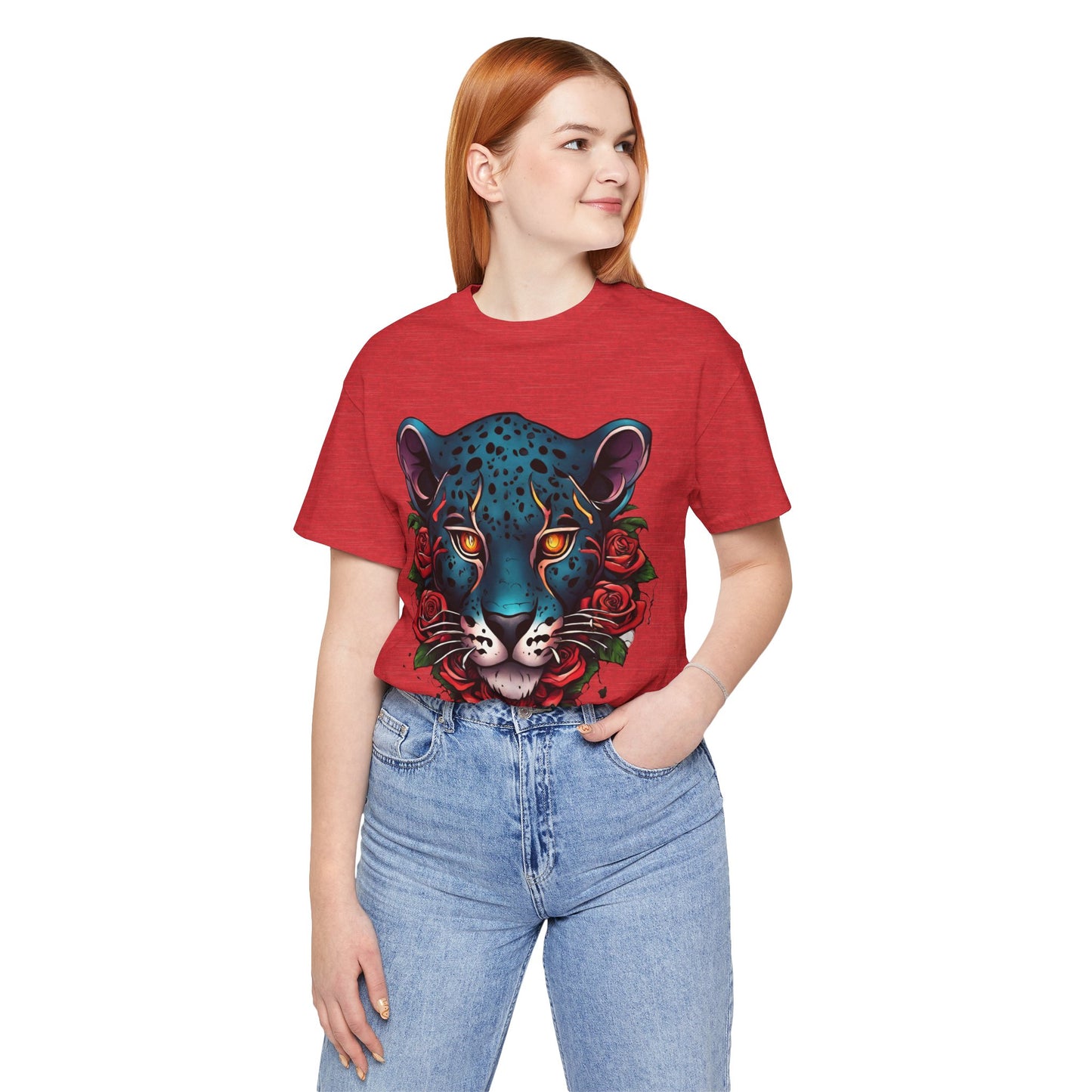 T-shirt graphique unisexe Jaguar Flames and Roses Flashlander