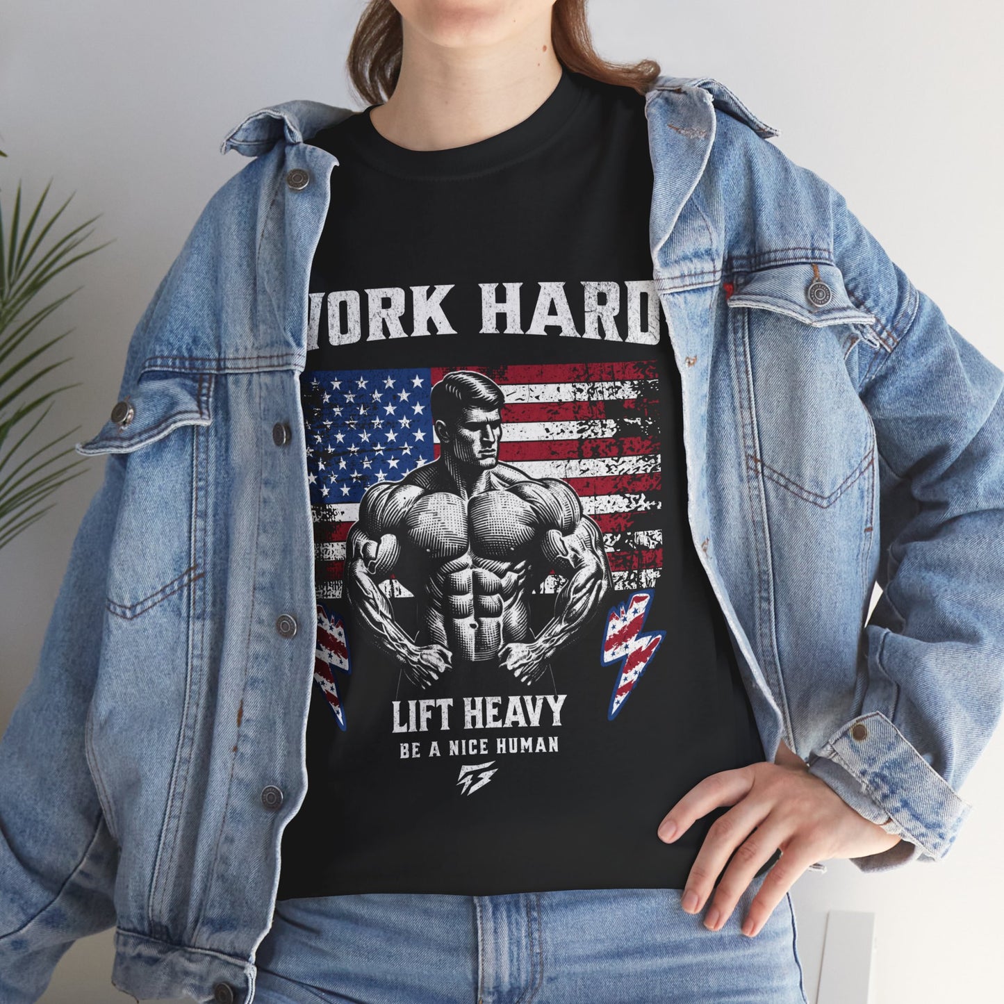 Work Hard Lift Heavy Gym Shirt Flashlander Cotton Unisex Charcoal Black Graphic Tee