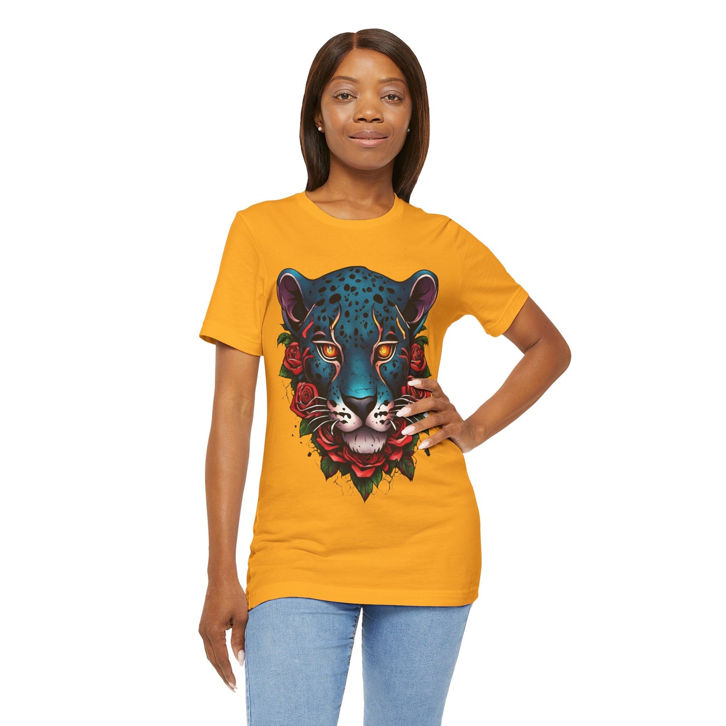 T-shirt graphique unisexe Jaguar Flames and Roses Flashlander