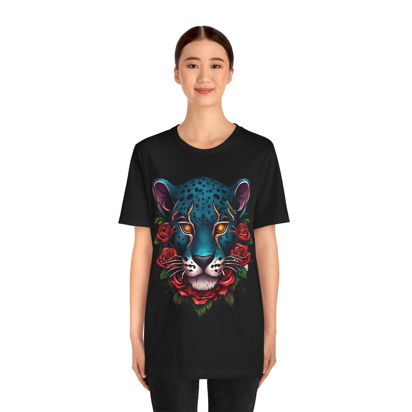 T-shirt graphique unisexe Jaguar Flames and Roses Flashlander