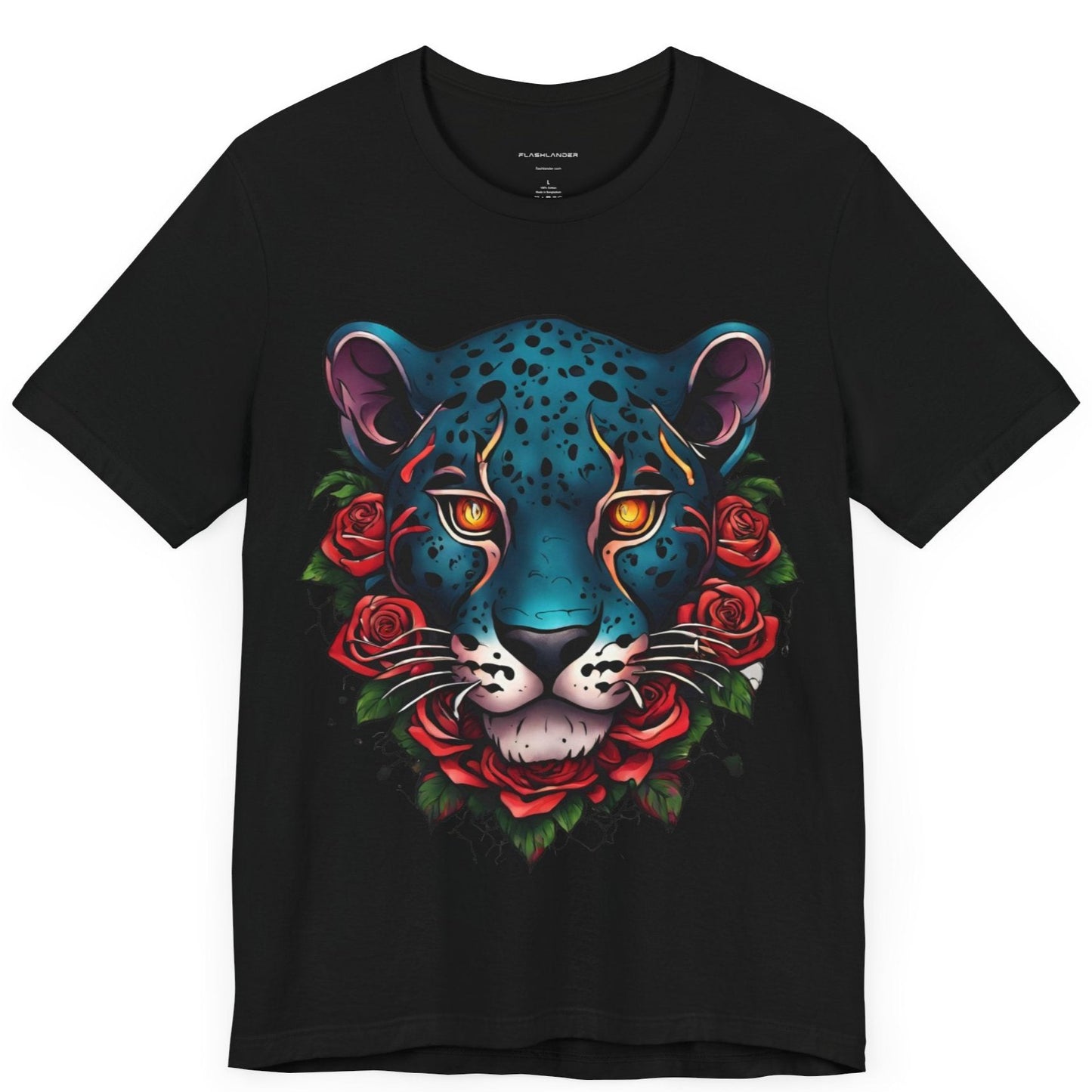 T-shirt graphique unisexe Jaguar Flames and Roses Flashlander