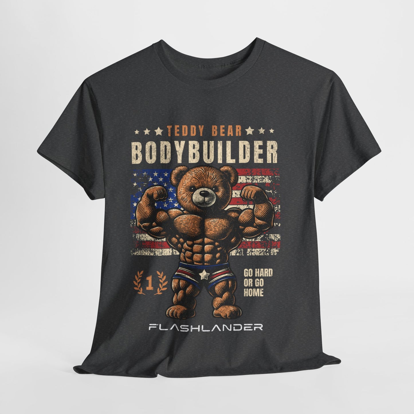 T-shirt Bodybuilder Teddy Bear Flashlander Go Hard or Go Home T-shirt en coton unisexe noir anthracite T-shirt graphique de gym