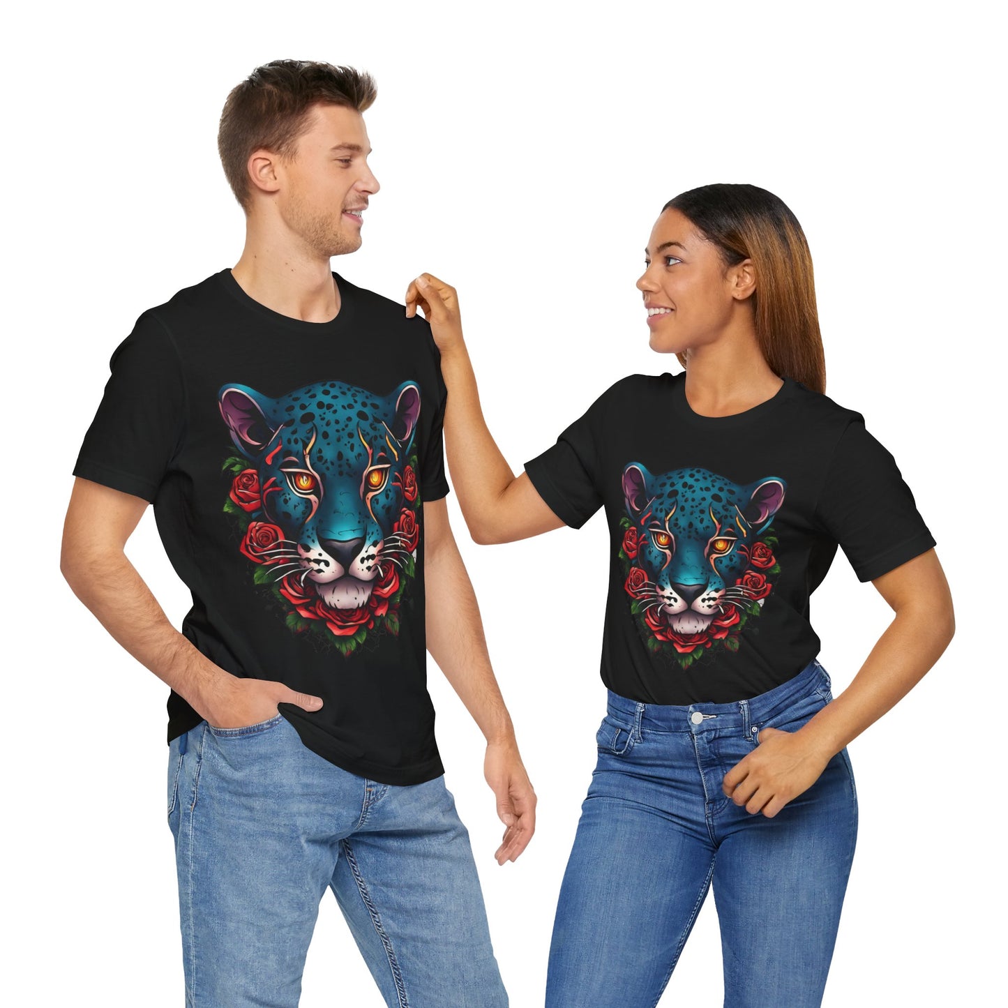 T-shirt graphique unisexe Jaguar Flames and Roses Flashlander