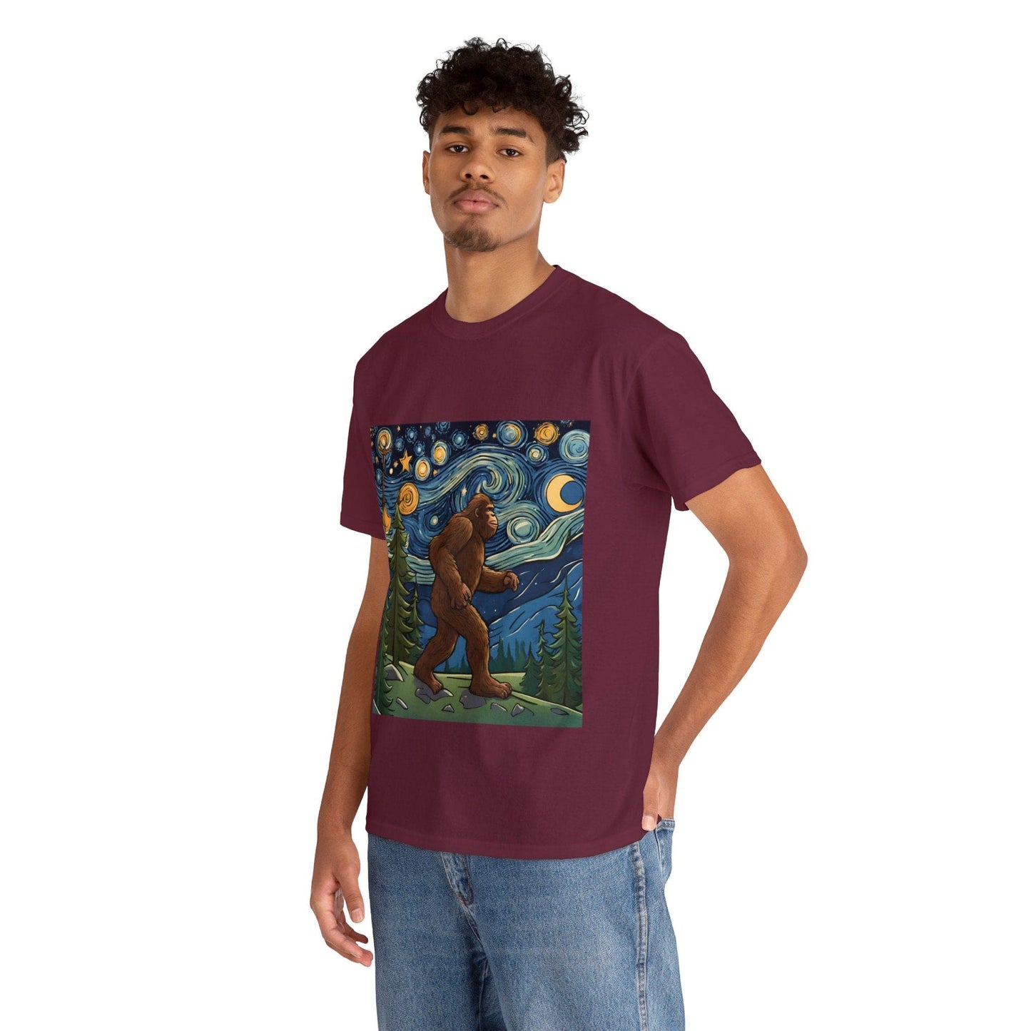 Bigfoot Strolls Through Van Gogh's Starry Night Unisex T Shirt by Flashlander