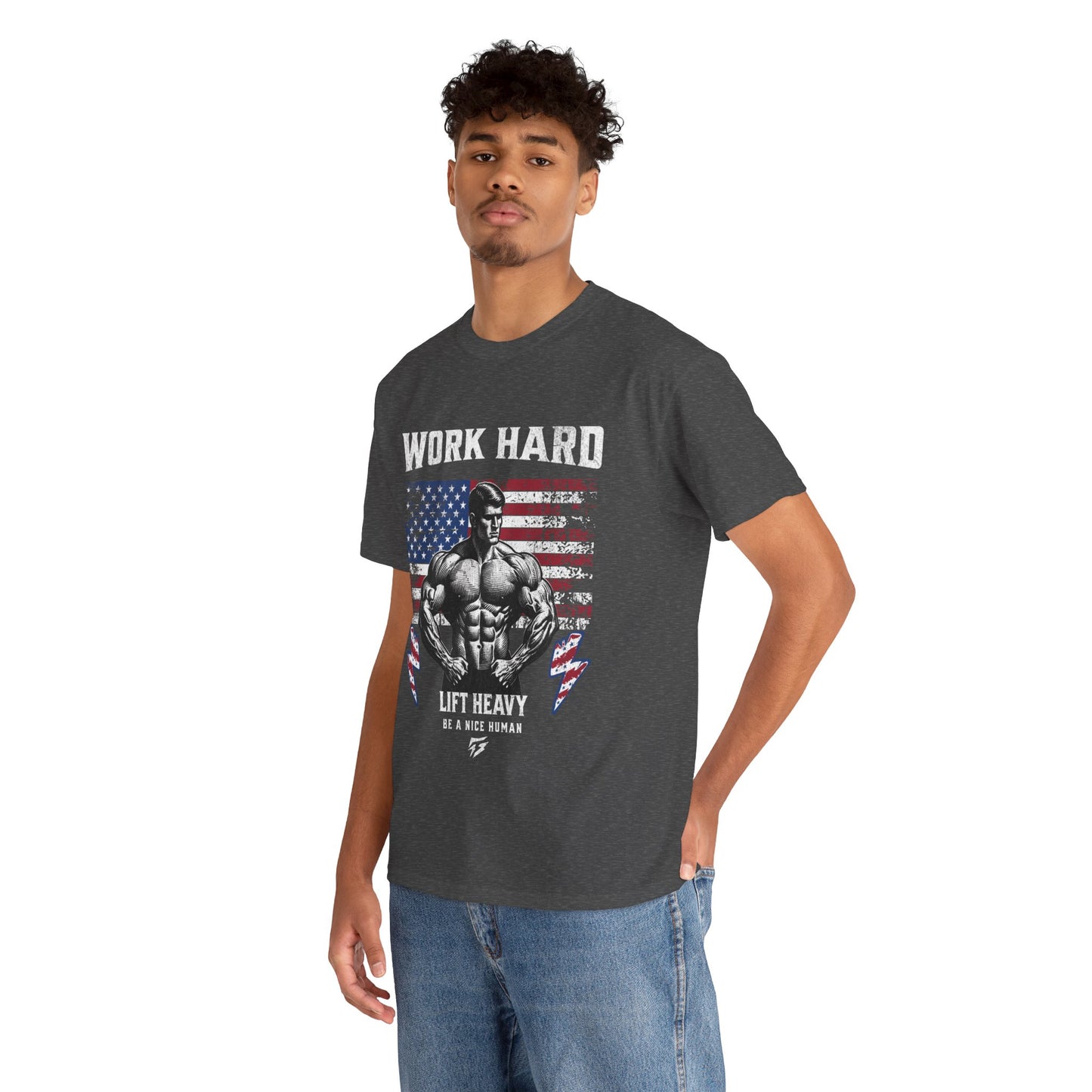 Work Hard Lift Heavy Gym Shirt Flashlander Cotton Unisex Charcoal Black Graphic Tee