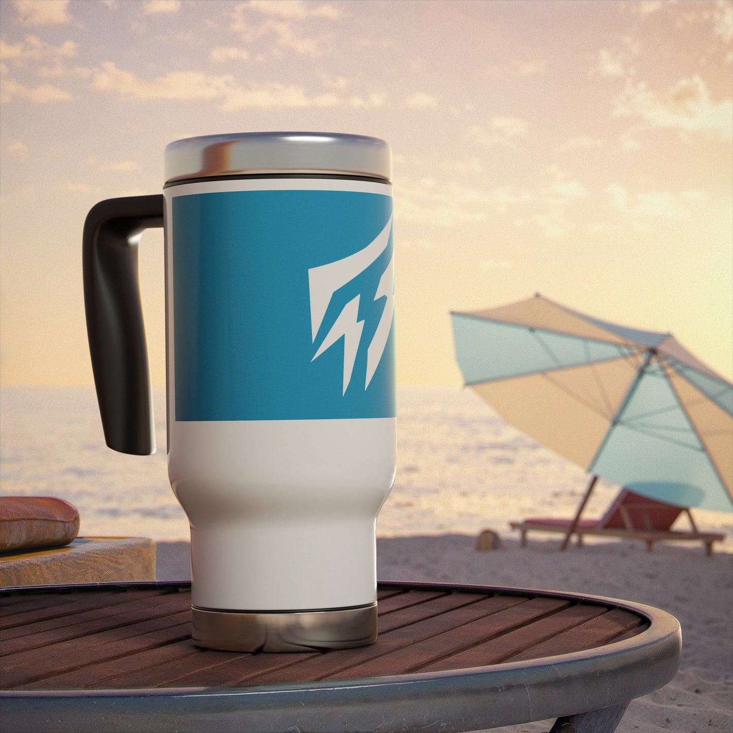 Flashlander Stainless Steel Travel Sports Mug with Handle 14oz Blue Aqua Turquoise and White