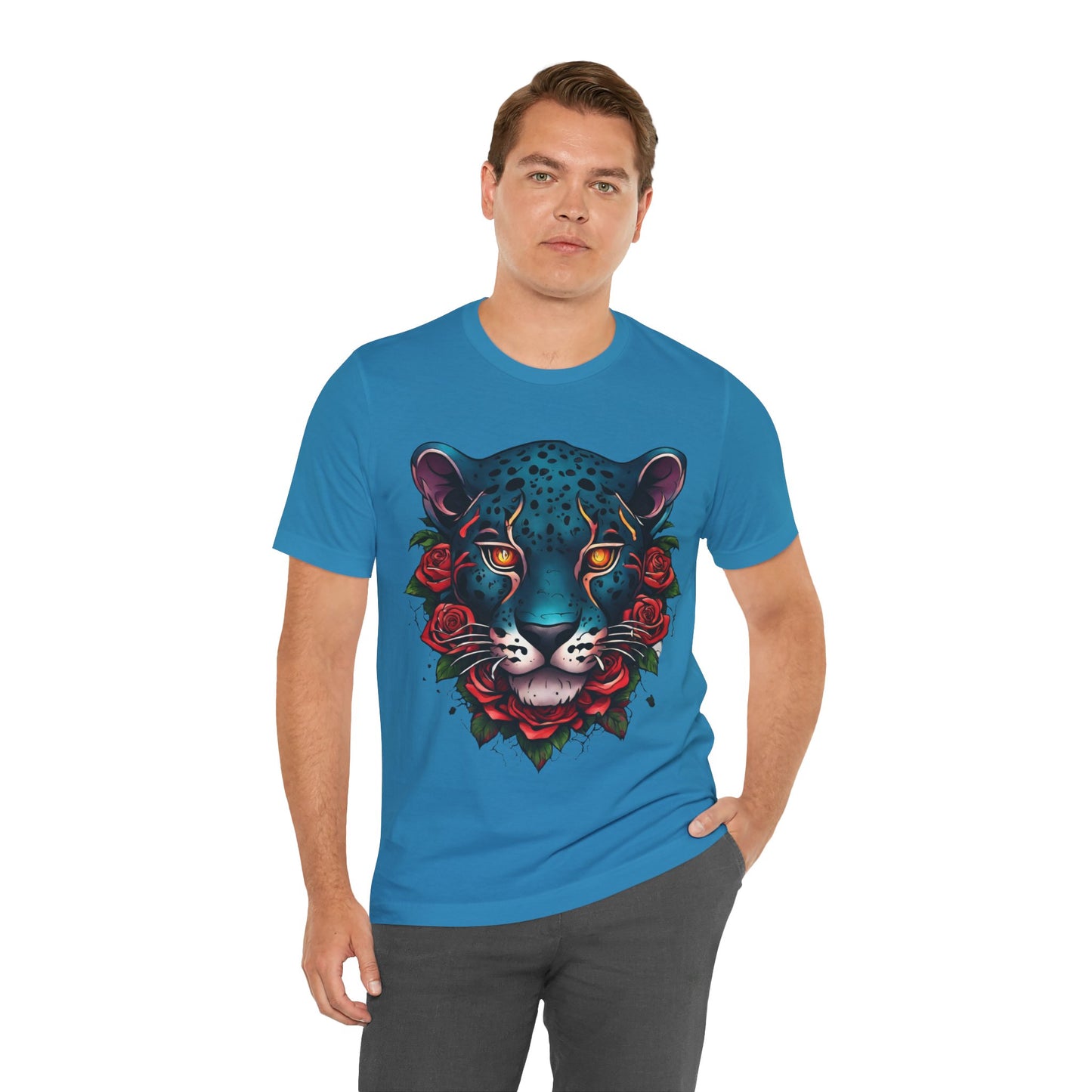 T-shirt graphique unisexe Jaguar Flames and Roses Flashlander