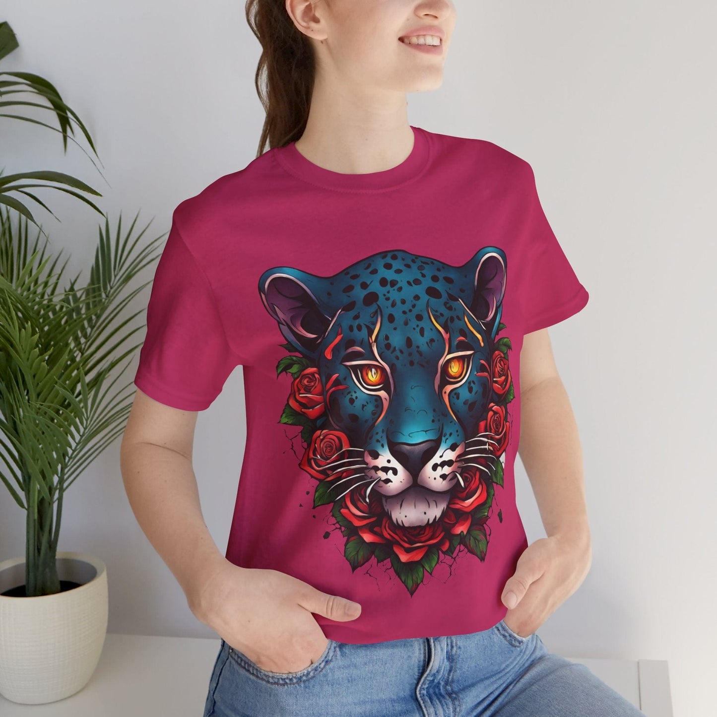 T-shirt graphique unisexe Jaguar Flames and Roses Flashlander