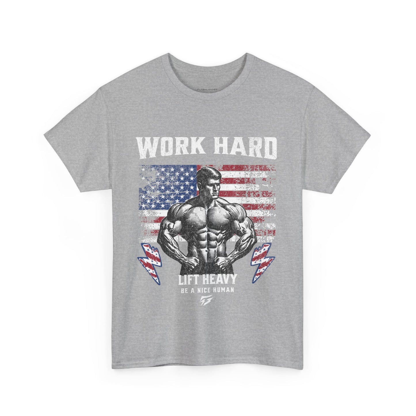 Work Hard Lift Heavy Gym Shirt Flashlander Cotton Unisex Charcoal Black Graphic Tee