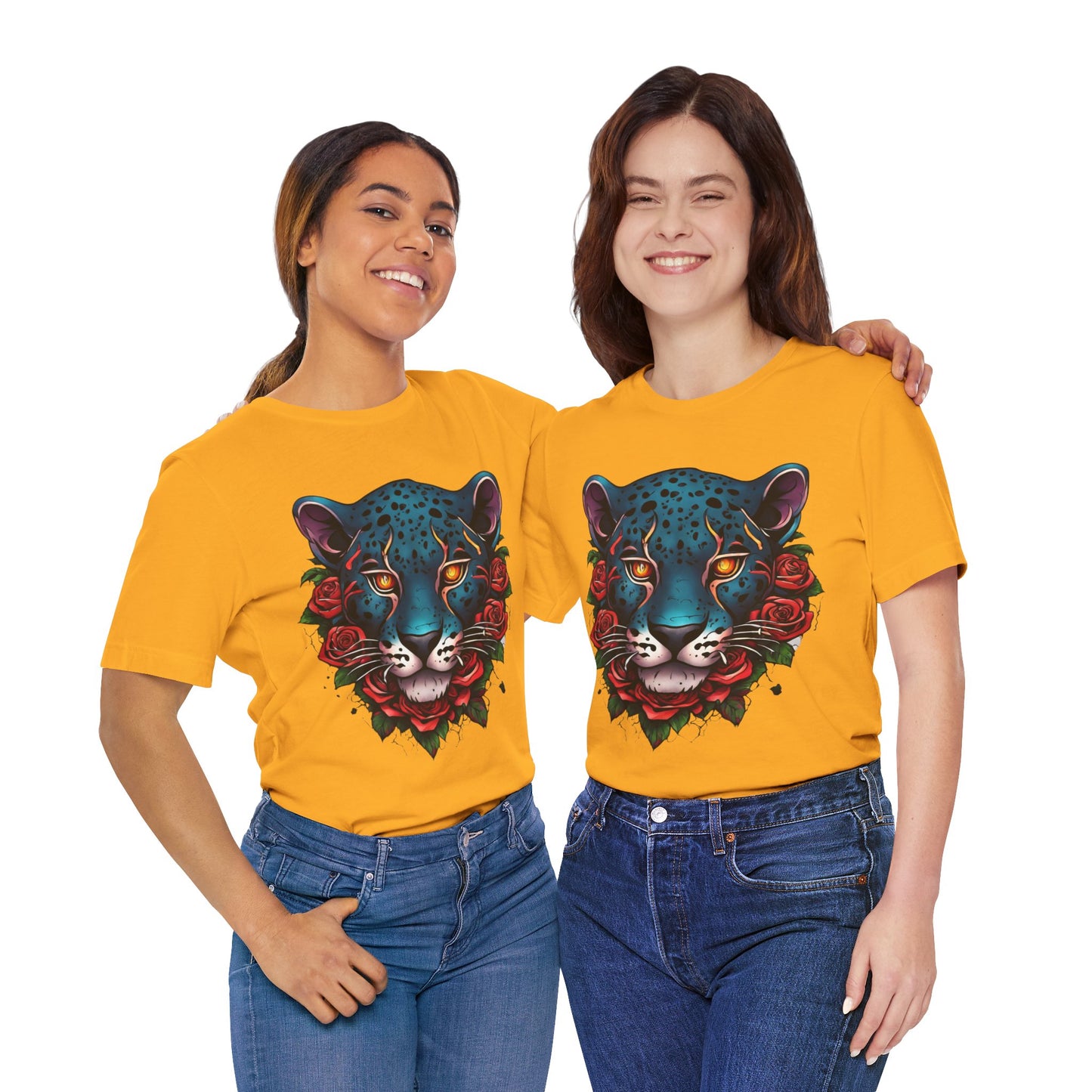 T-shirt graphique unisexe Jaguar Flames and Roses Flashlander