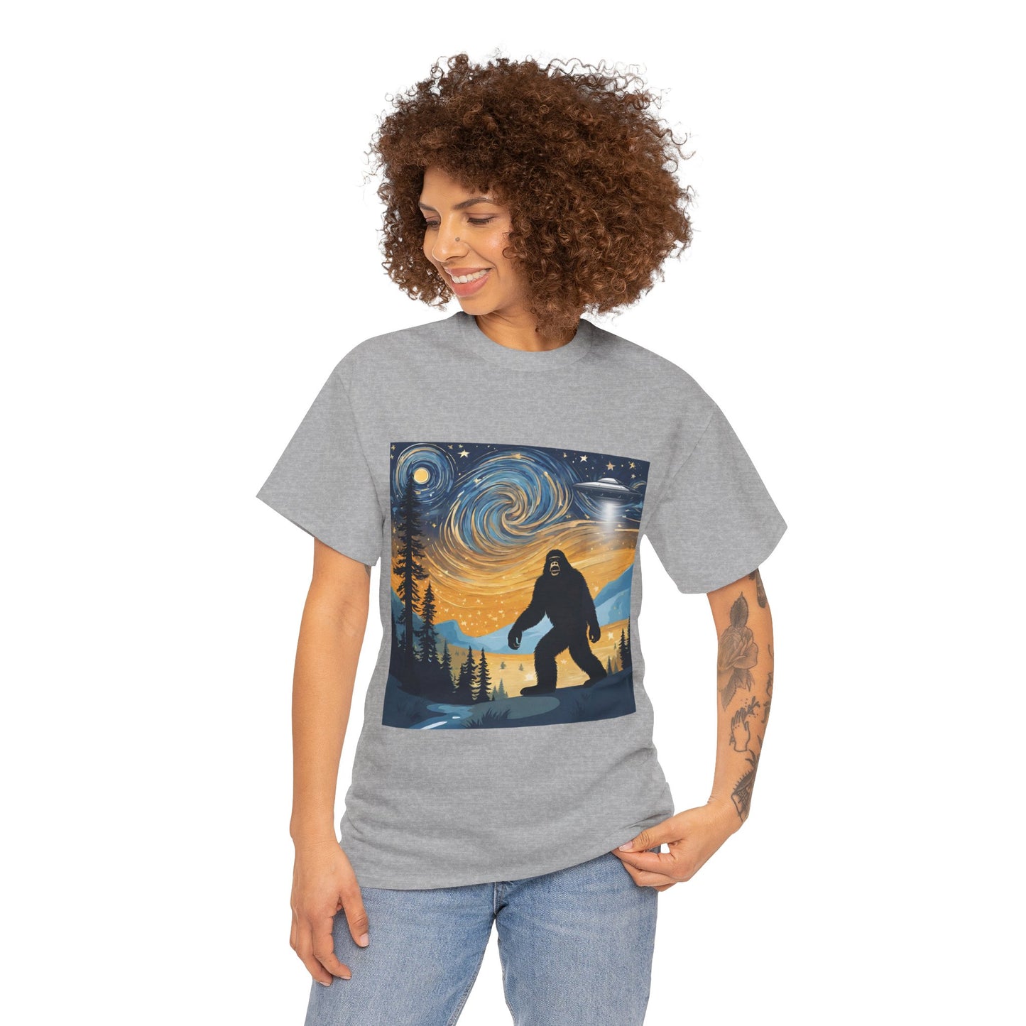 Funny Starry Night Stroll Bigfoot Encounters UFO Abduction - Flashlander Gym Shirt