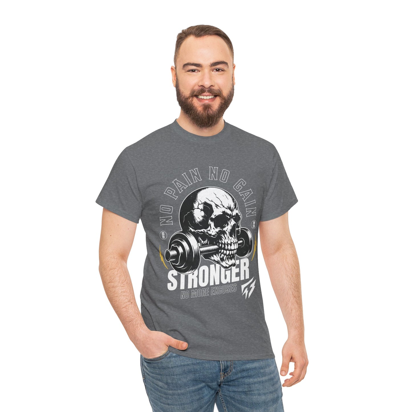 Skull Gym Shirt Flashlander No Pain No Gain Performance T-Shirt Cotton Unisex Charcoal Black Graphic Tee