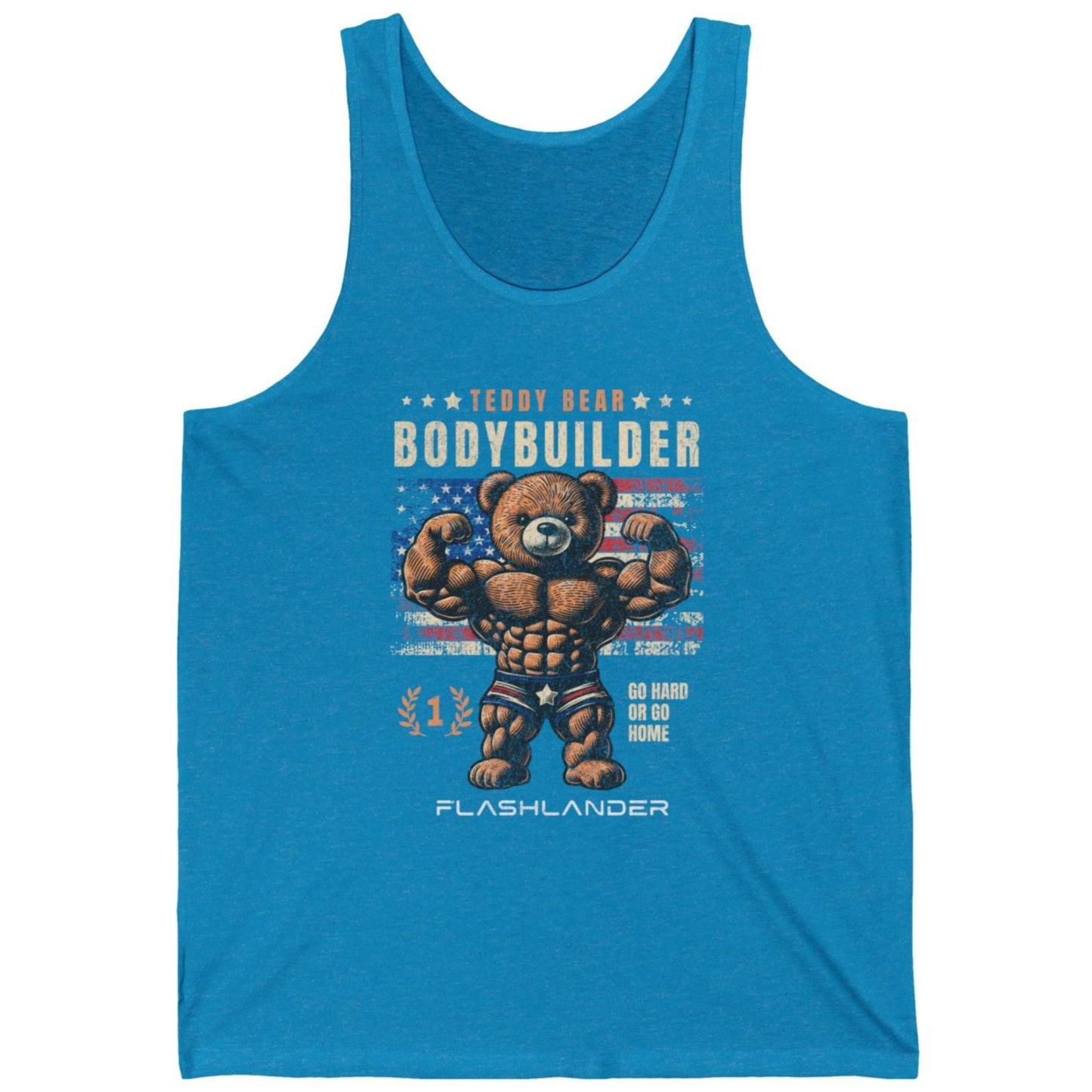 Teddy Bear Bodybuilding American Vintage Gym Flashlander Cotton Unisex Jersey Tank Blue Aqua