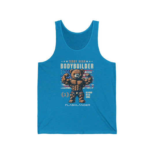 Teddy Bear Bodybuilding American Vintage Gym Flashlander Cotton Unisex Jersey Tank Blue Aqua