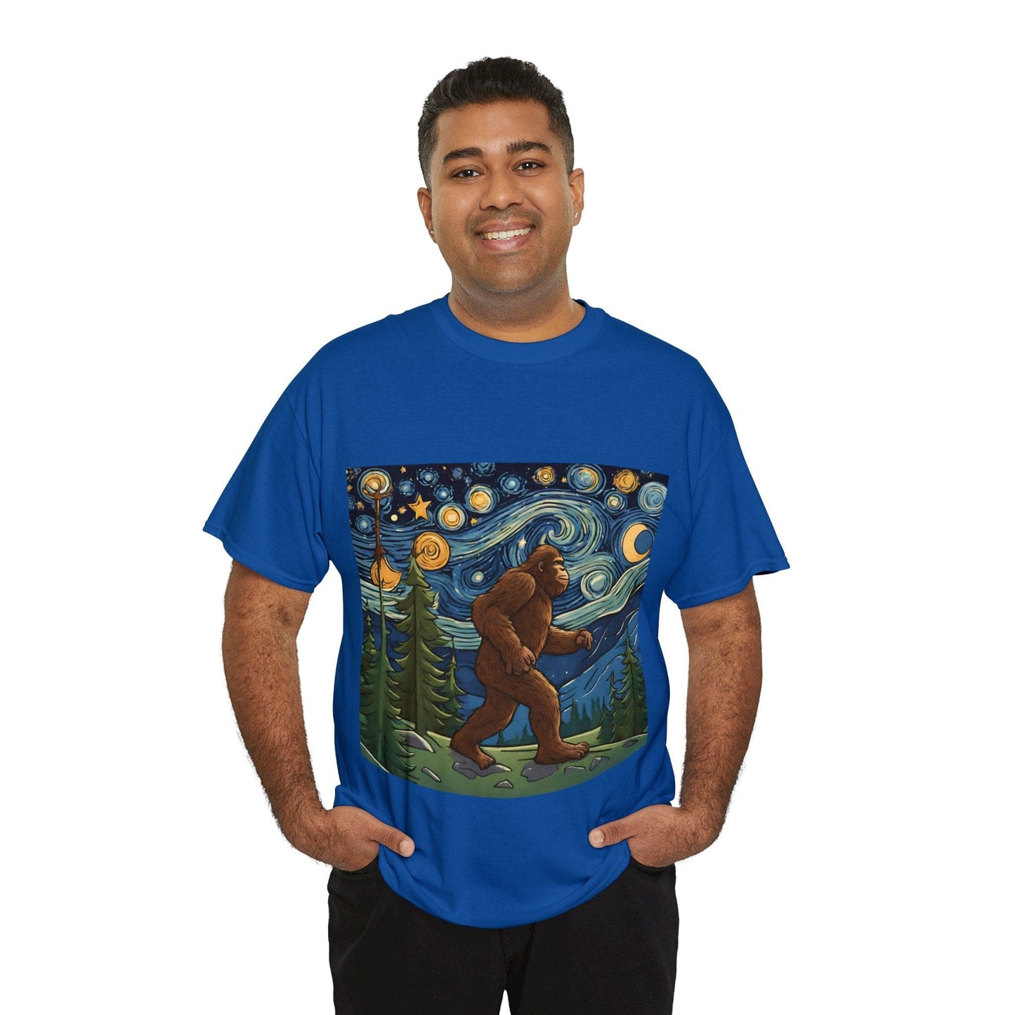 Bigfoot Strolls Through Van Gogh's Starry Night Unisex T Shirt by Flashlander