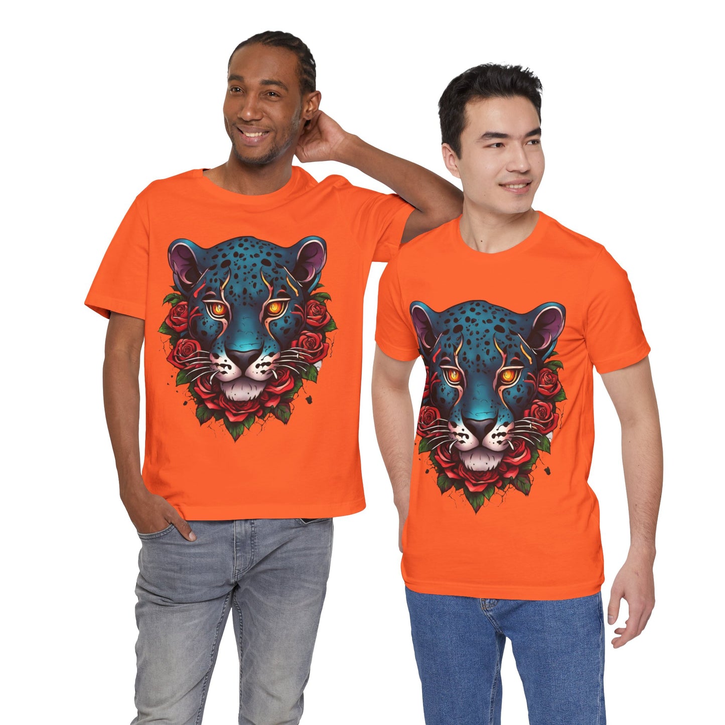 T-shirt graphique unisexe Jaguar Flames and Roses Flashlander