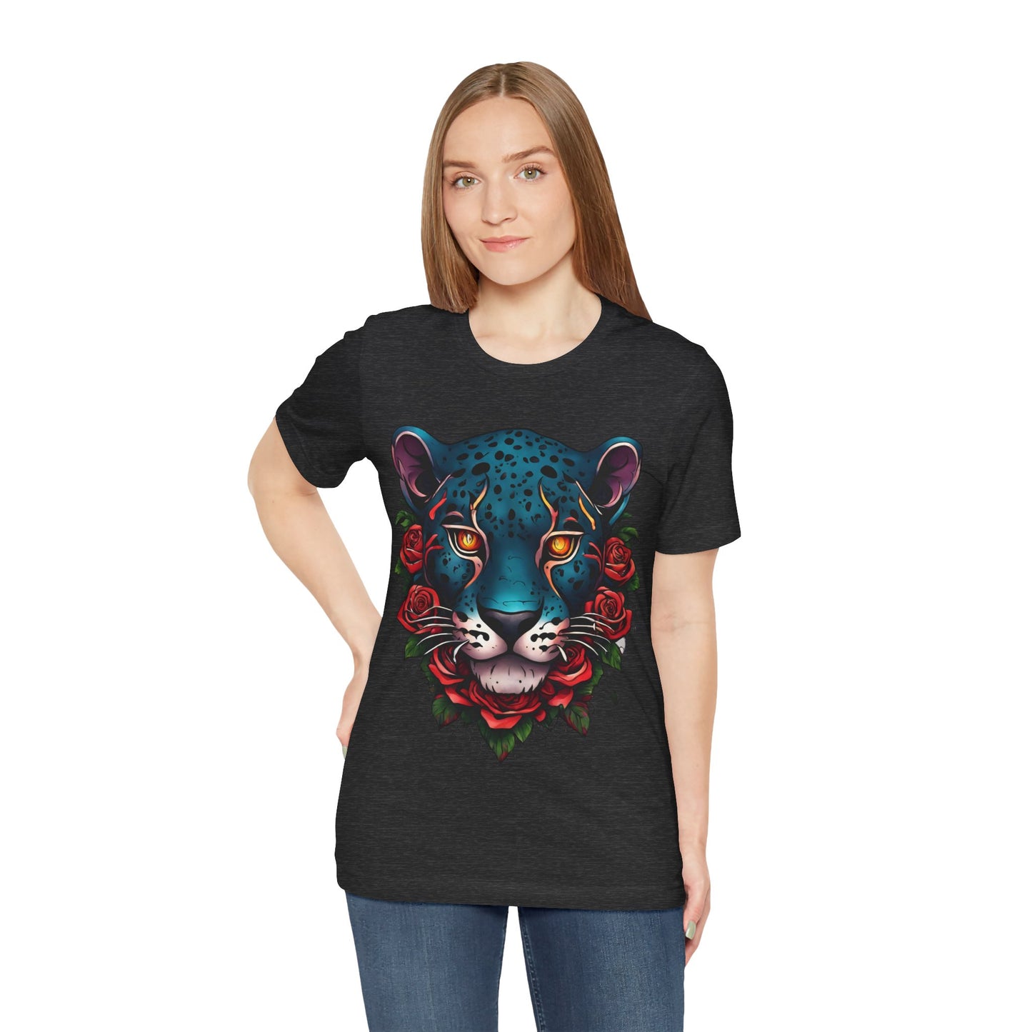 T-shirt graphique unisexe Jaguar Flames and Roses Flashlander