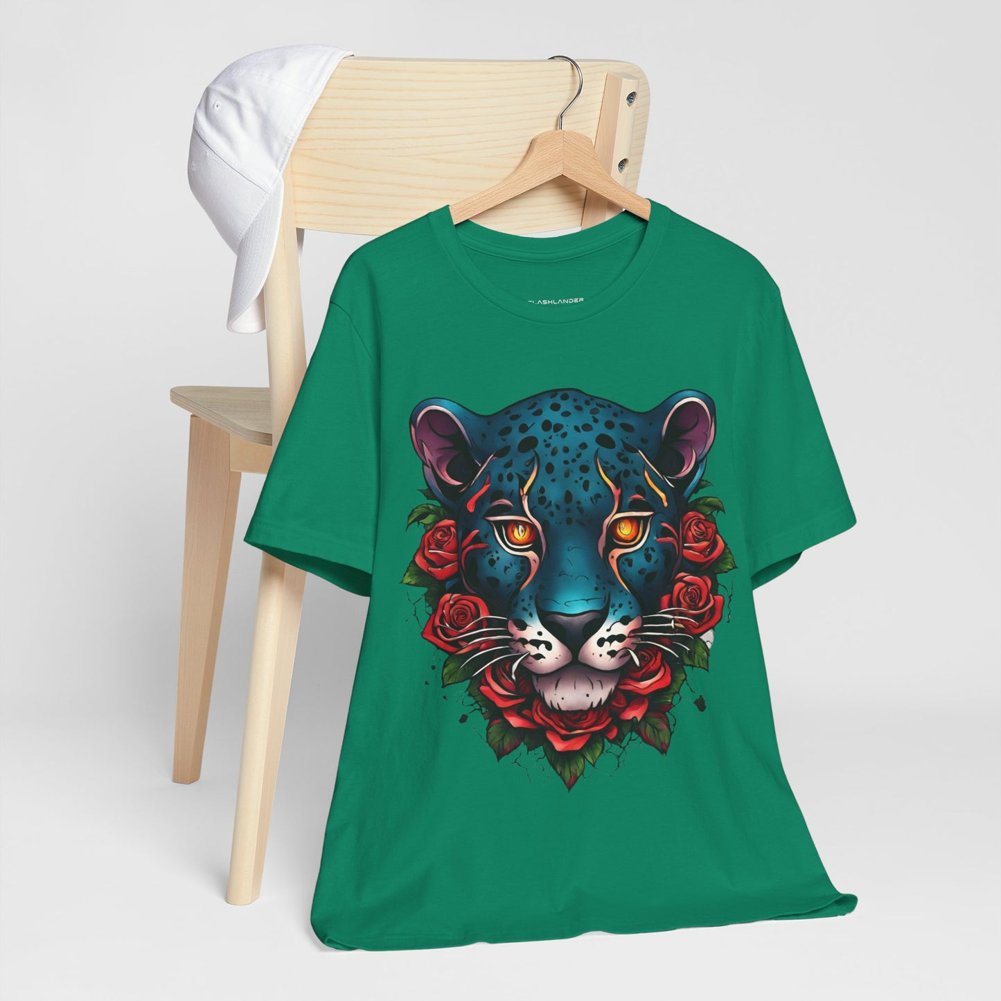 T-shirt graphique unisexe Jaguar Flames and Roses Flashlander