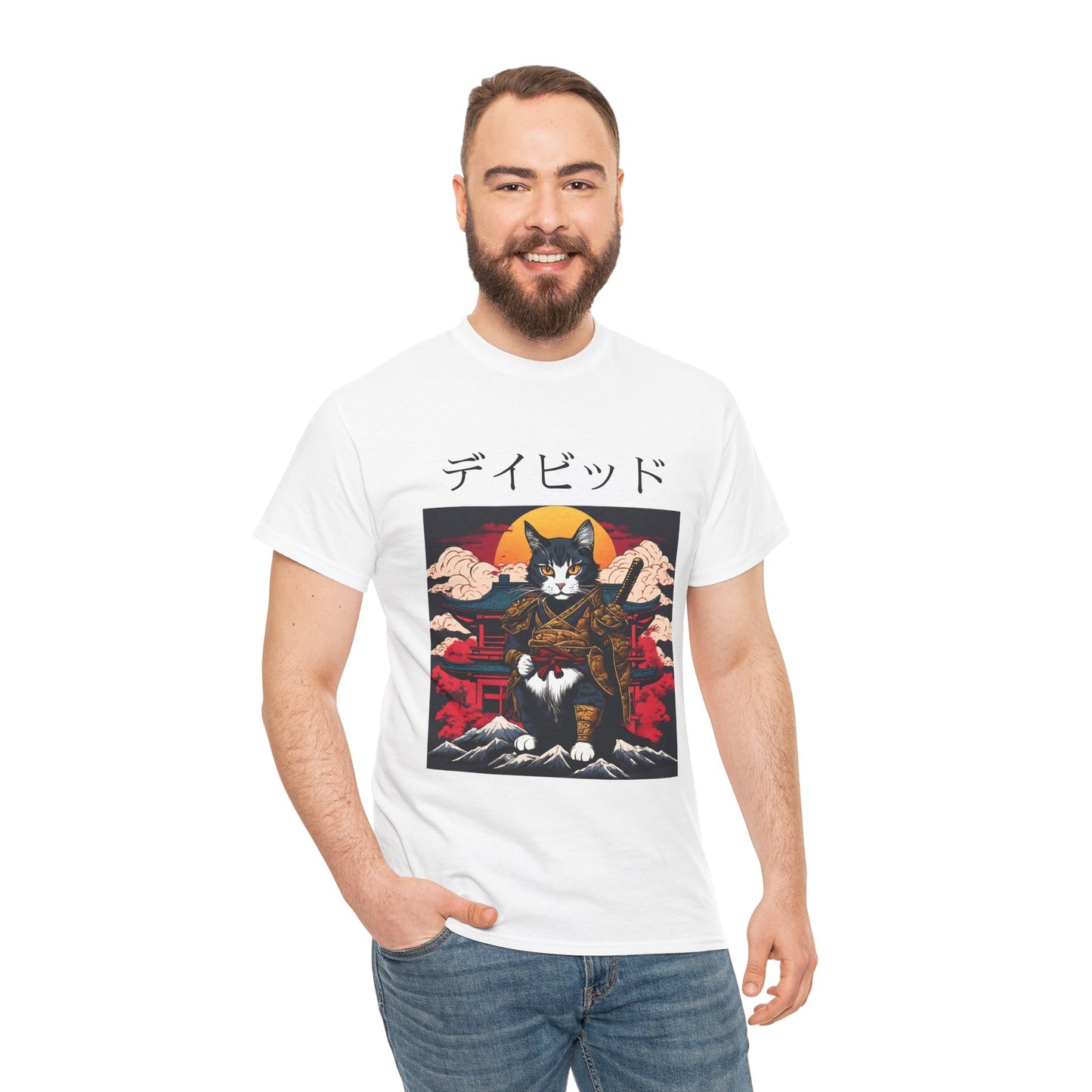 T-shirt japonais personnalisé avec votre nom T-shirt japonais personnalisé T-shirt d'anime de chat samouraï Votre texte Hiragana Katakana Kanji Femmes Hommes T-shirt