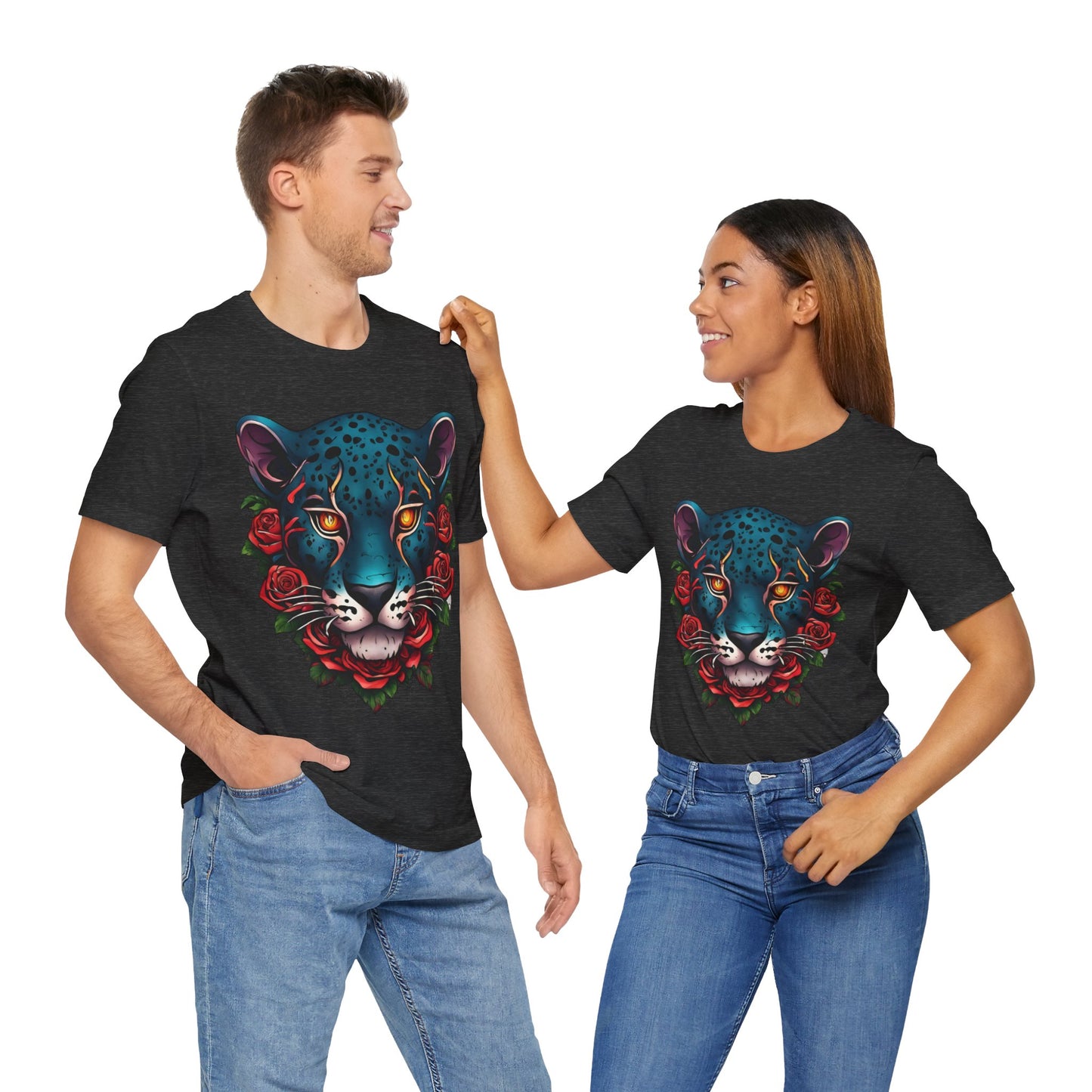 T-shirt graphique unisexe Jaguar Flames and Roses Flashlander