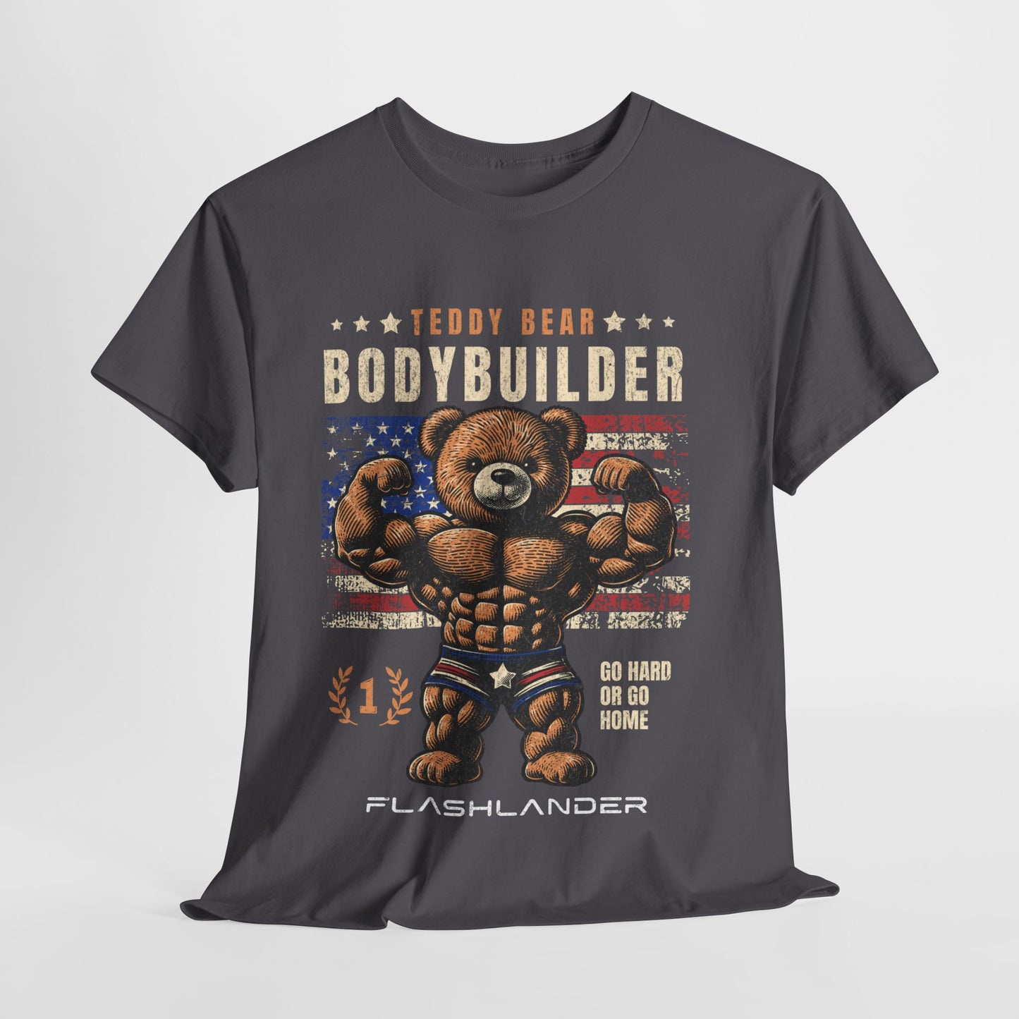 T-shirt Bodybuilder Teddy Bear Flashlander Go Hard or Go Home T-shirt en coton unisexe noir anthracite T-shirt graphique de gym