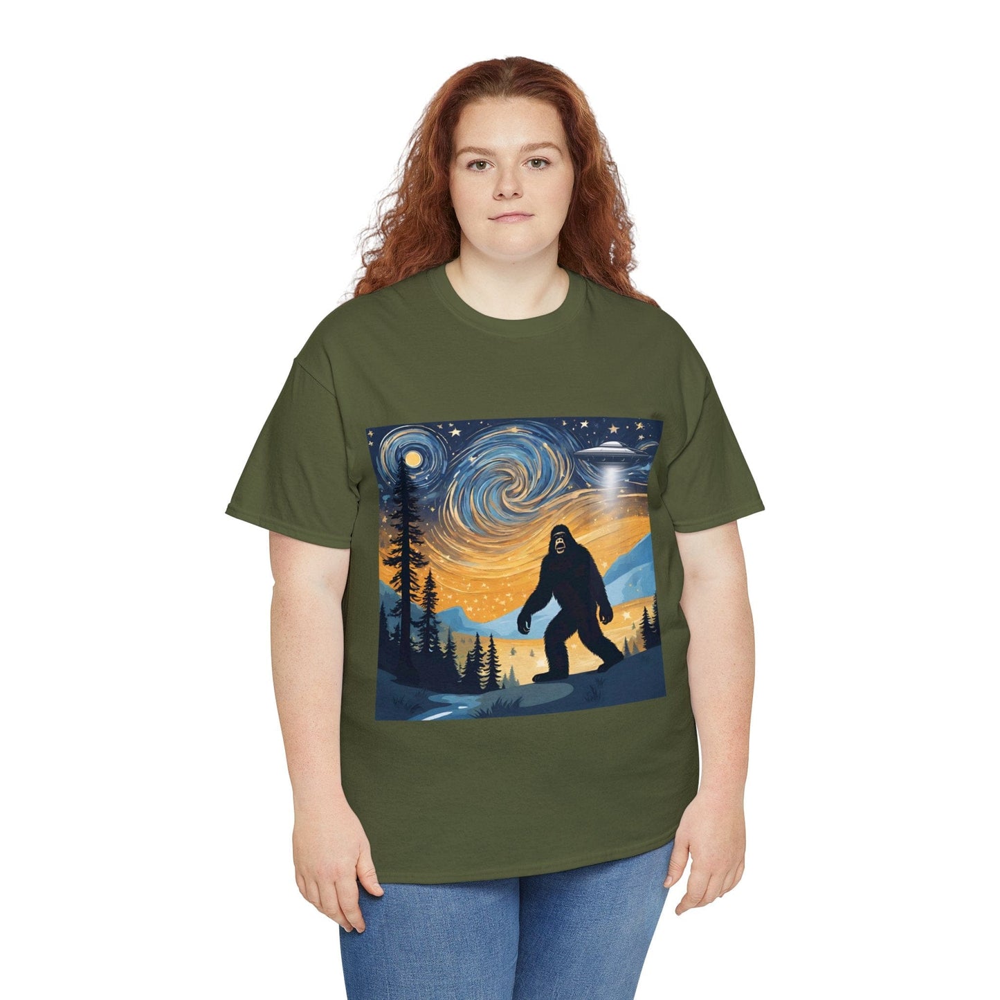 Funny Starry Night Stroll Bigfoot Encounters UFO Abduction, Starry Night Vintage T-Shirt, Funny Bigfoot T-Shirt, Big foot Alien Tee, Funny Bigfoot Starry Night Shirt, Van Gogh Shirt By Flashlander