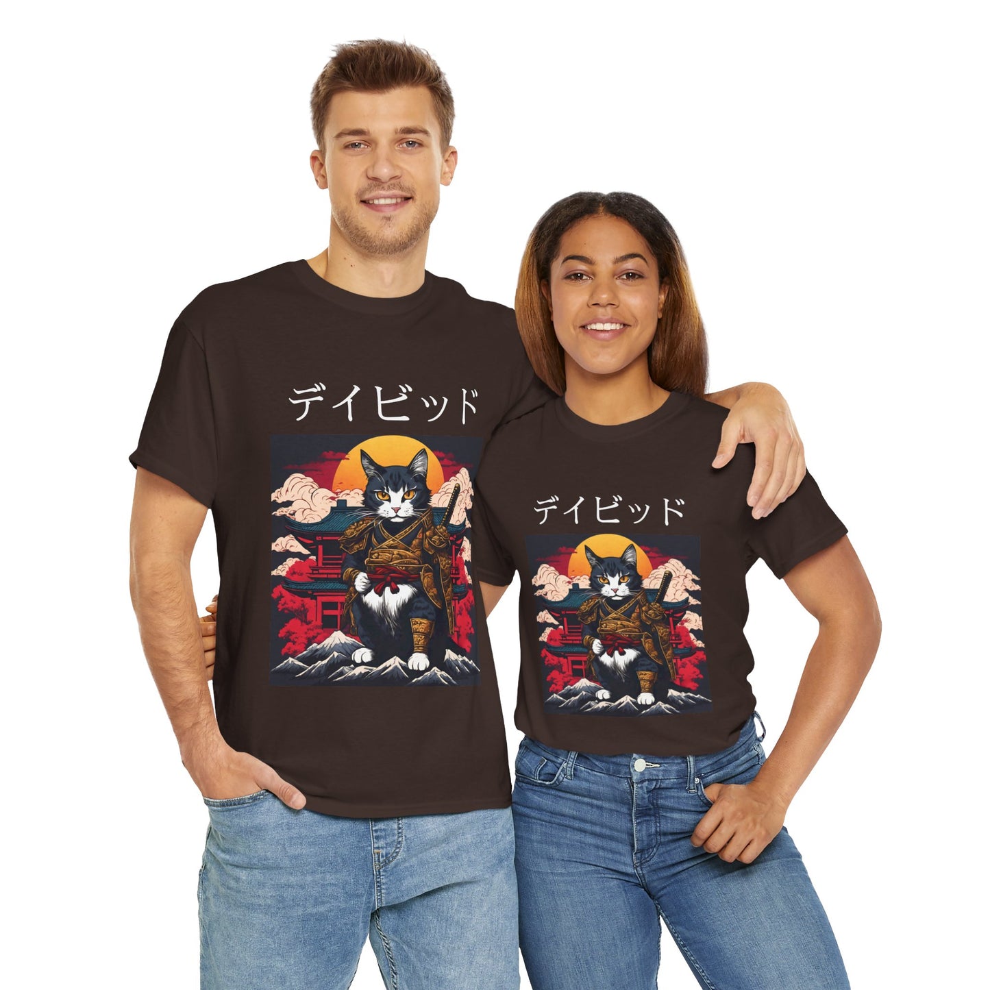 T-shirt japonais personnalisé avec votre nom T-shirt japonais personnalisé T-shirt d'anime de chat samouraï Votre texte Hiragana Katakana Kanji Femmes Hommes T-shirt