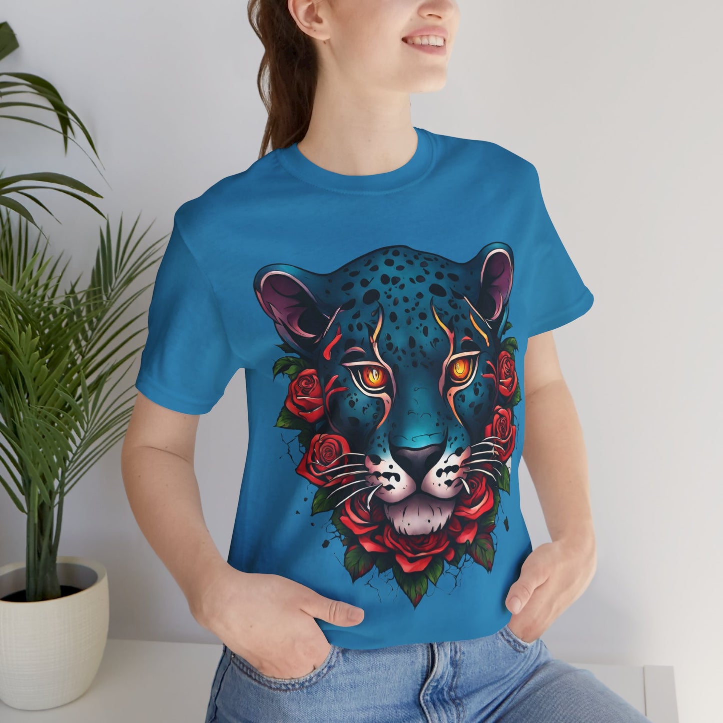 T-shirt graphique unisexe Jaguar Flames and Roses Flashlander