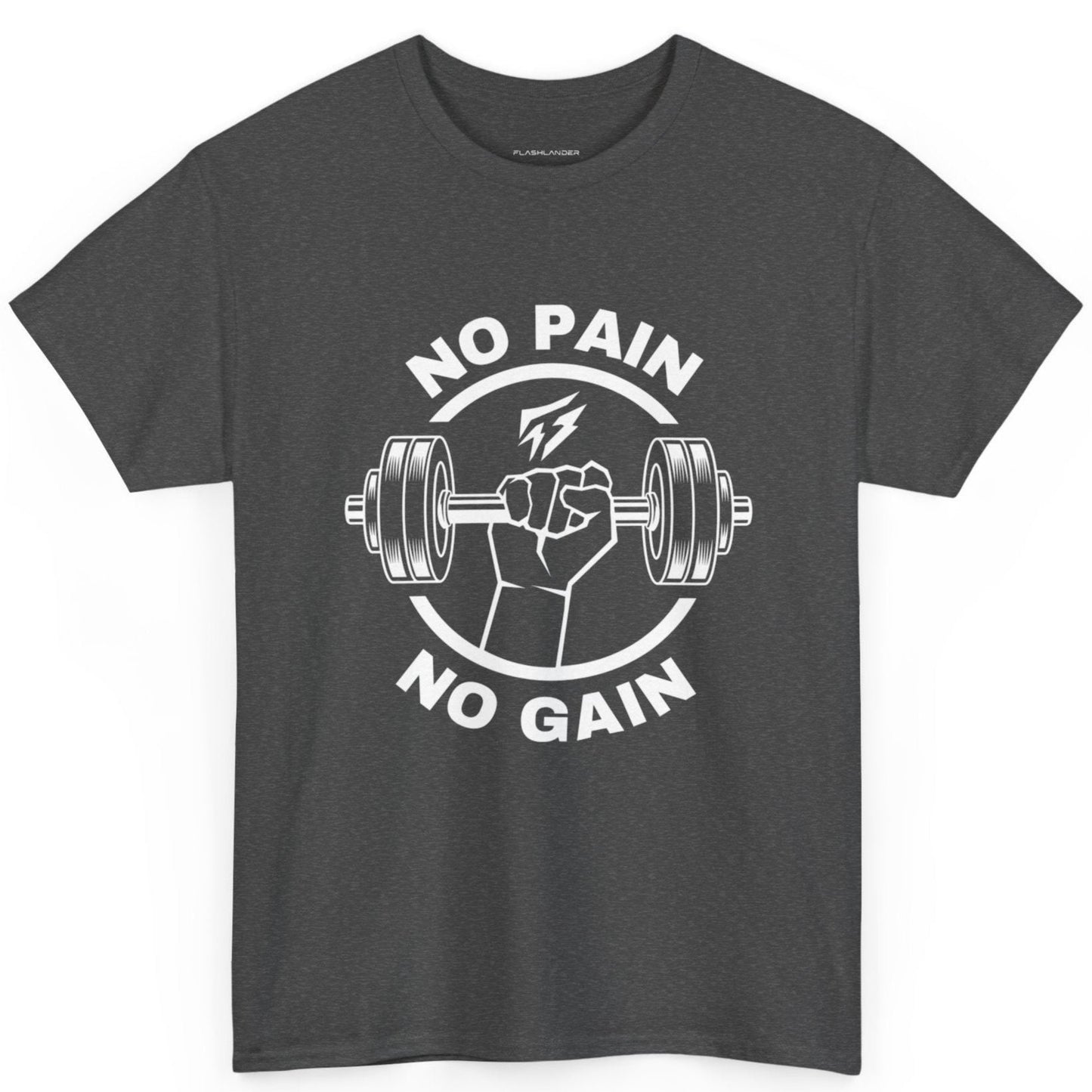 Camiseta de gimnasio Lifting Flashlander con frase "No Pain No Gain"