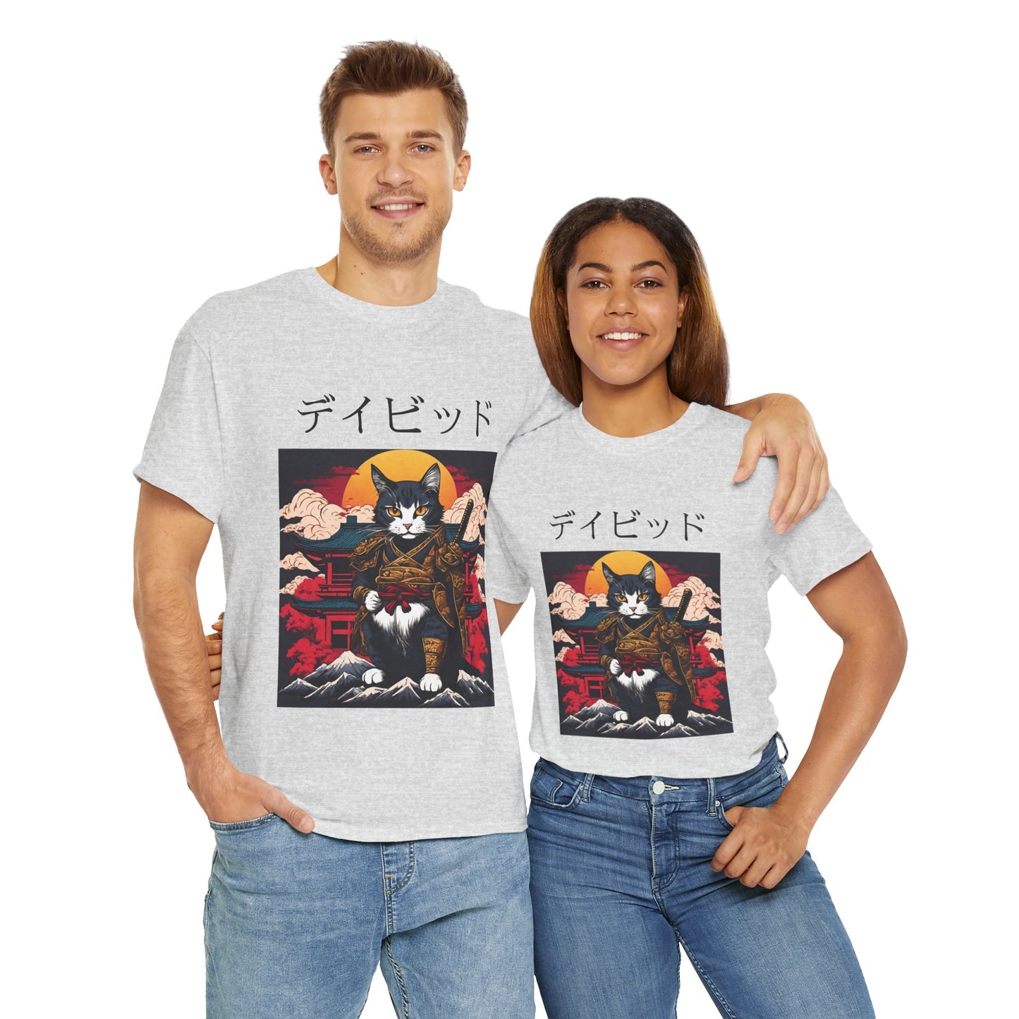 T-shirt japonais personnalisé avec votre nom T-shirt japonais personnalisé T-shirt d'anime de chat samouraï Votre texte Hiragana Katakana Kanji Femmes Hommes T-shirt