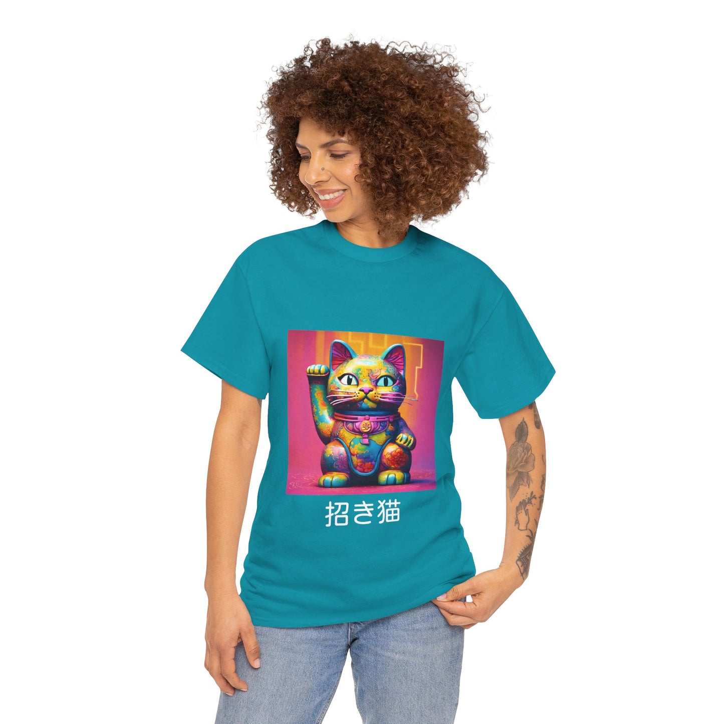 Camiseta de gimnasia Flashlander con el gato de la suerte japonés Manekineko y nombre japonés personalizado