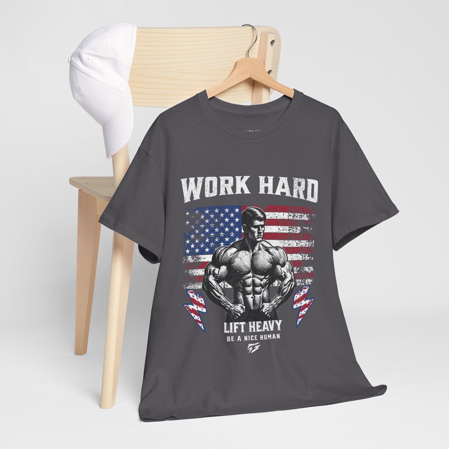 Work Hard Lift Heavy Gym Shirt Flashlander Cotton Unisex Charcoal Black Graphic Tee