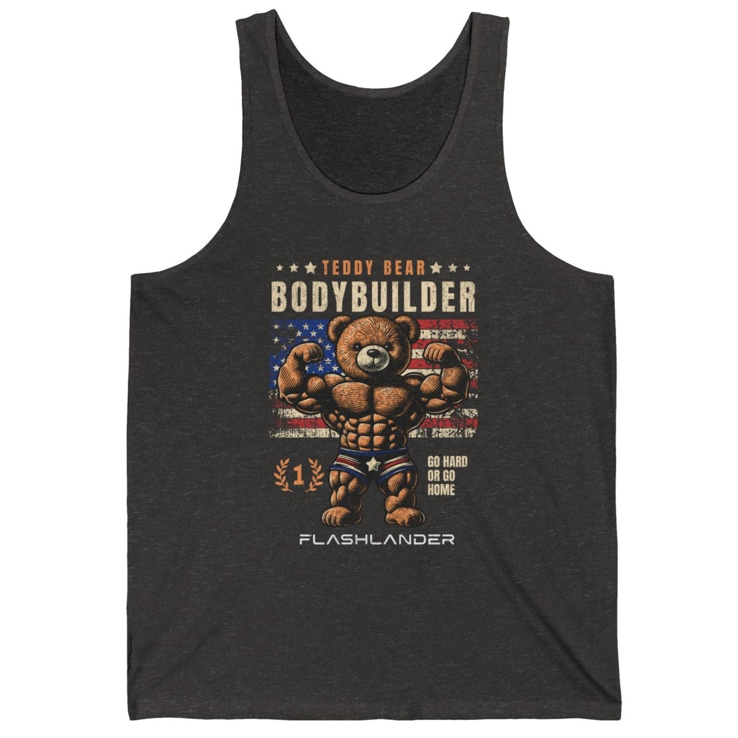 Teddy Bear Bodybuilding American Vintage Gym Flashlander Cotton Unisex Jersey Tank Charcoal Black