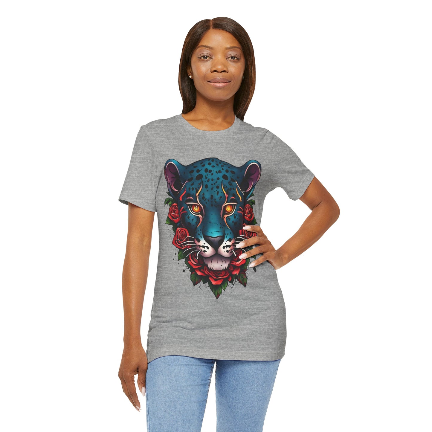 T-shirt graphique unisexe Jaguar Flames and Roses Flashlander