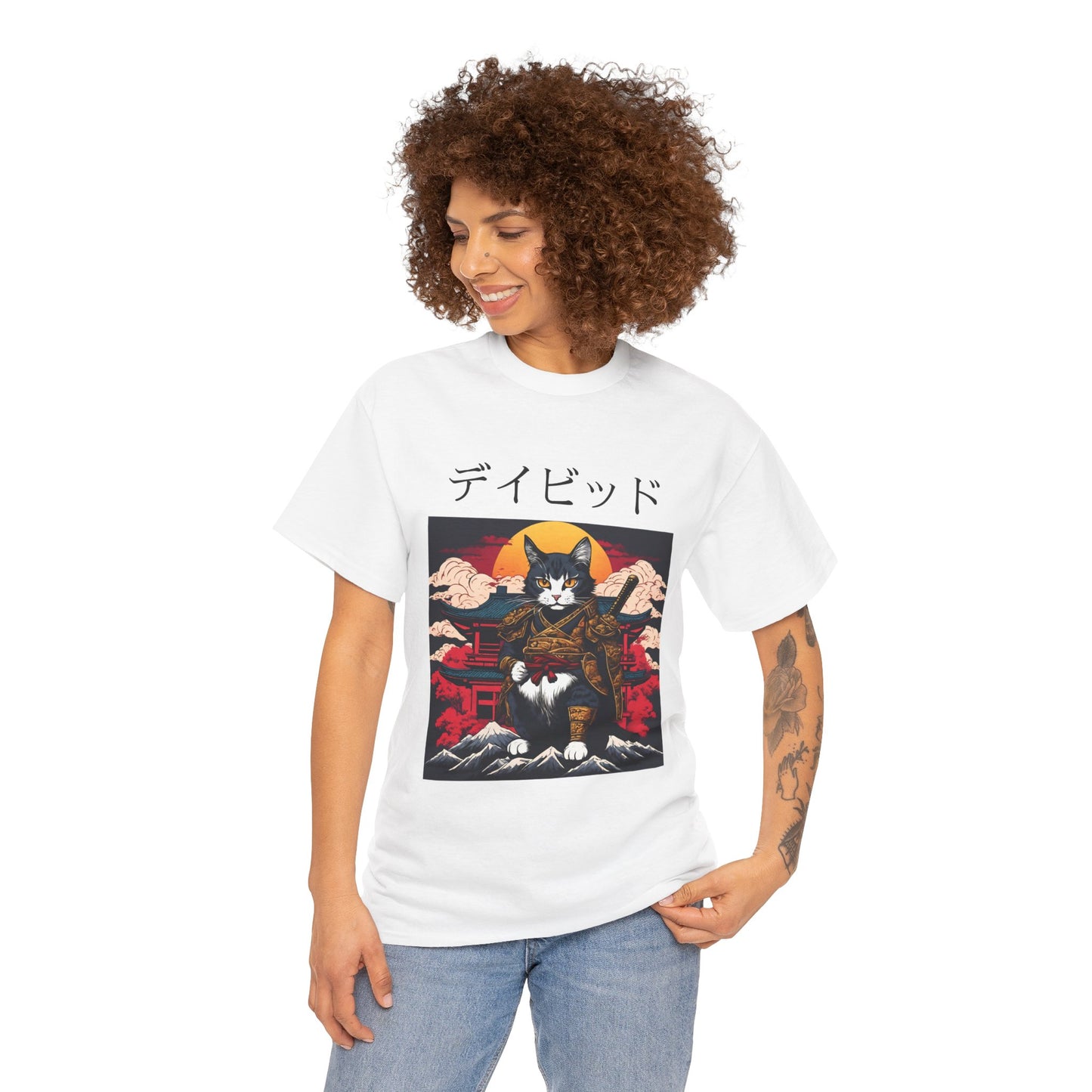 T-shirt japonais personnalisé avec votre nom T-shirt japonais personnalisé T-shirt d'anime de chat samouraï Votre texte Hiragana Katakana Kanji Femmes Hommes T-shirt