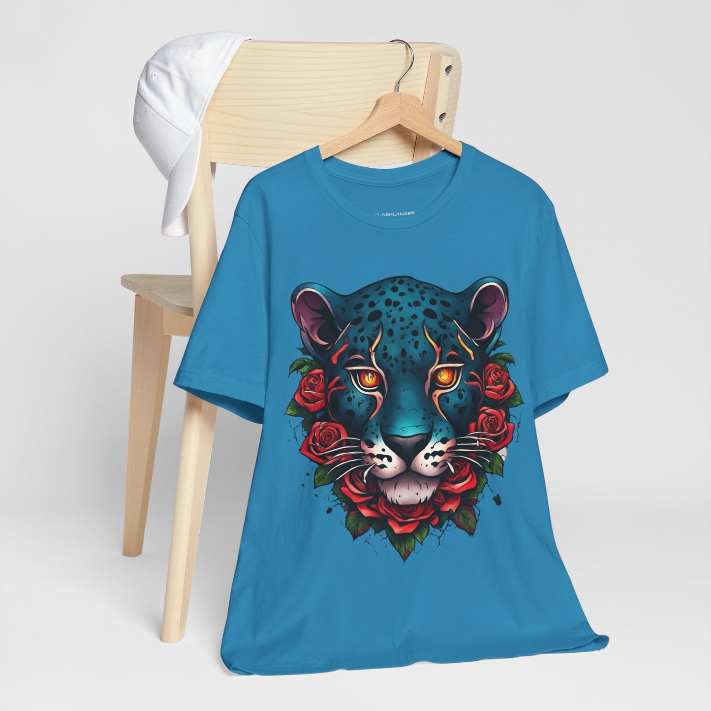 T-shirt graphique unisexe Jaguar Flames and Roses Flashlander