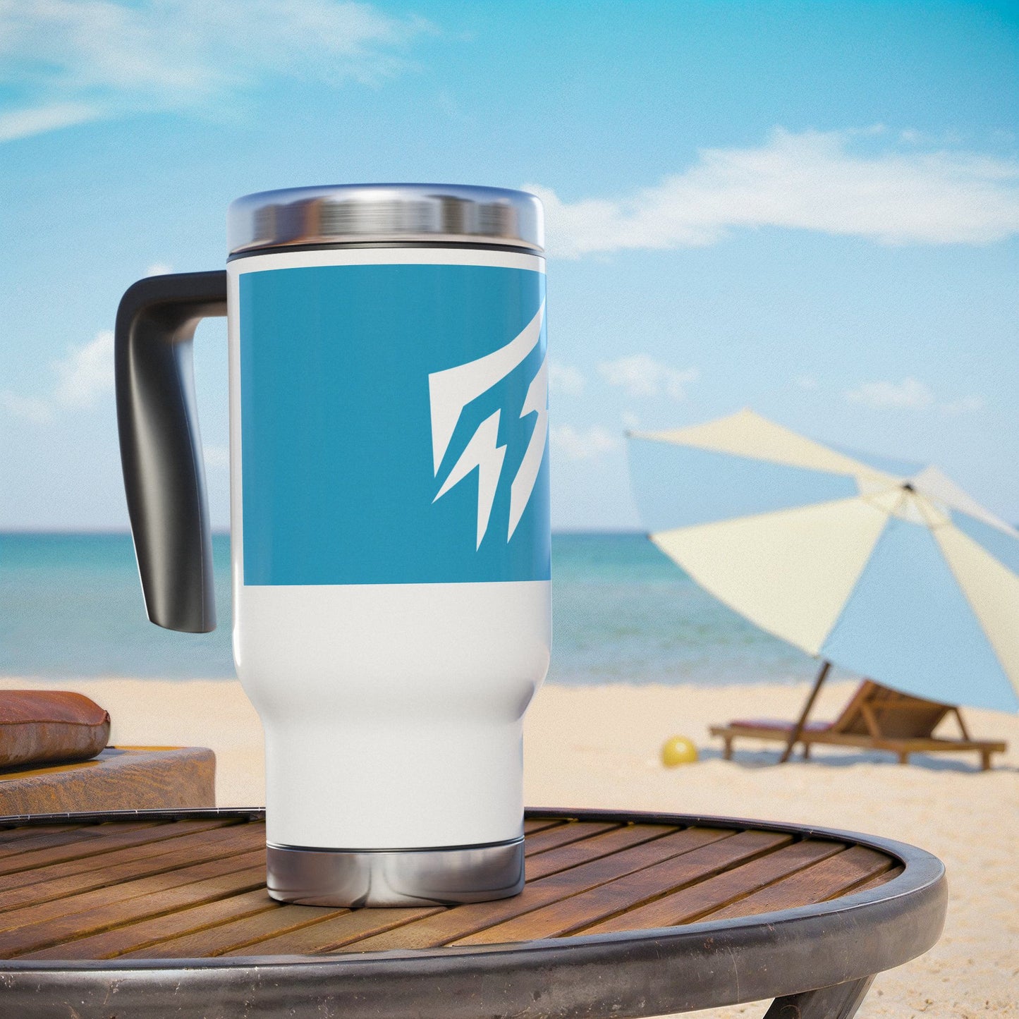 Flashlander Stainless Steel Travel Sports Mug with Handle 14oz Blue Aqua Turquoise and White