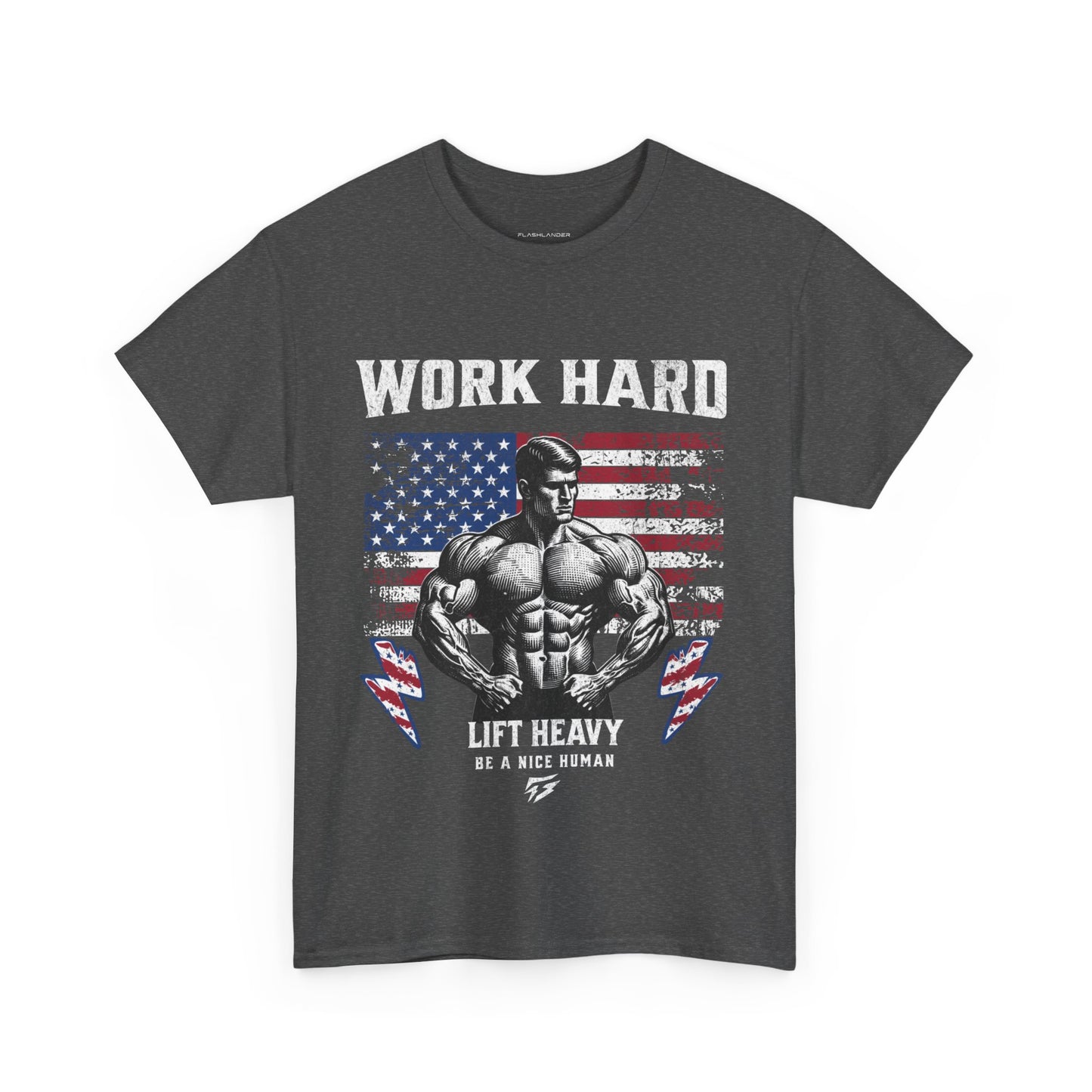 Work Hard Lift Heavy Gym Shirt Flashlander Cotton Unisex Charcoal Black Graphic Tee