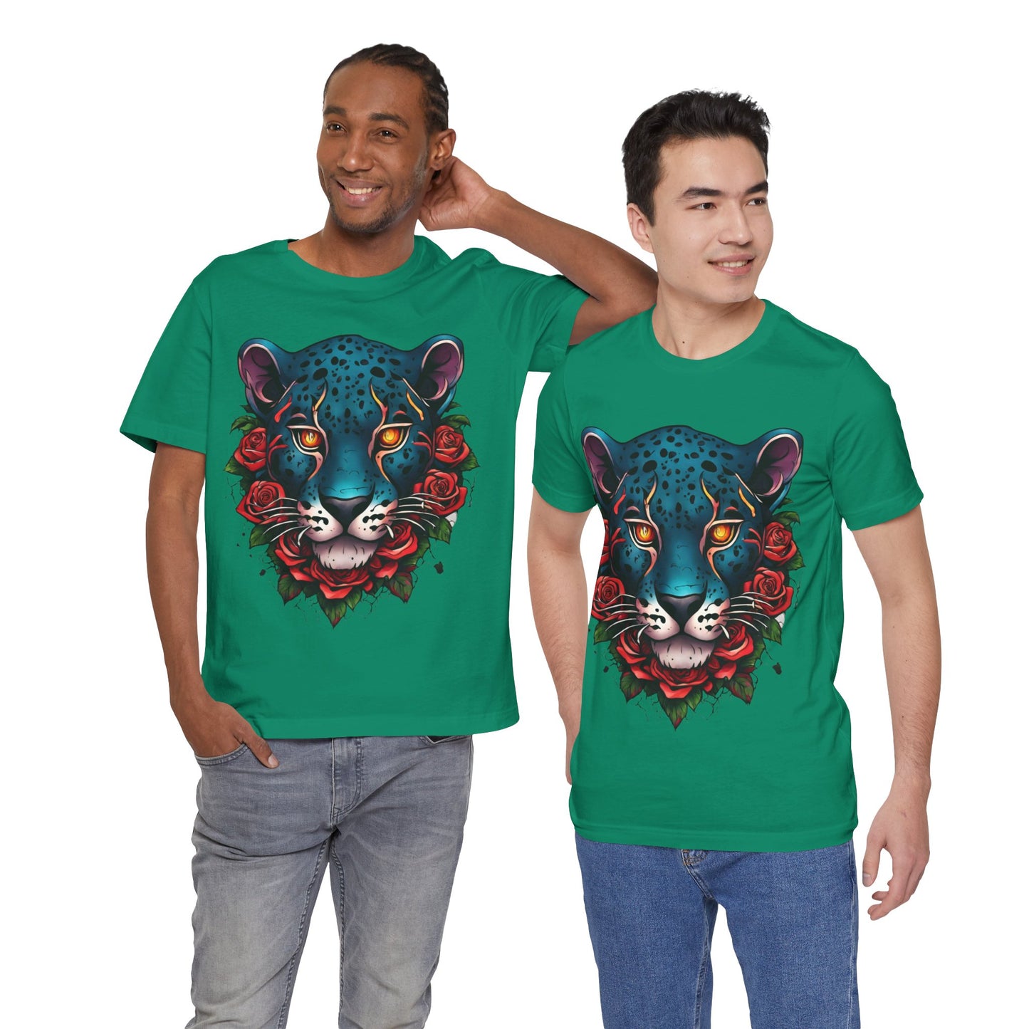 T-shirt graphique unisexe Jaguar Flames and Roses Flashlander