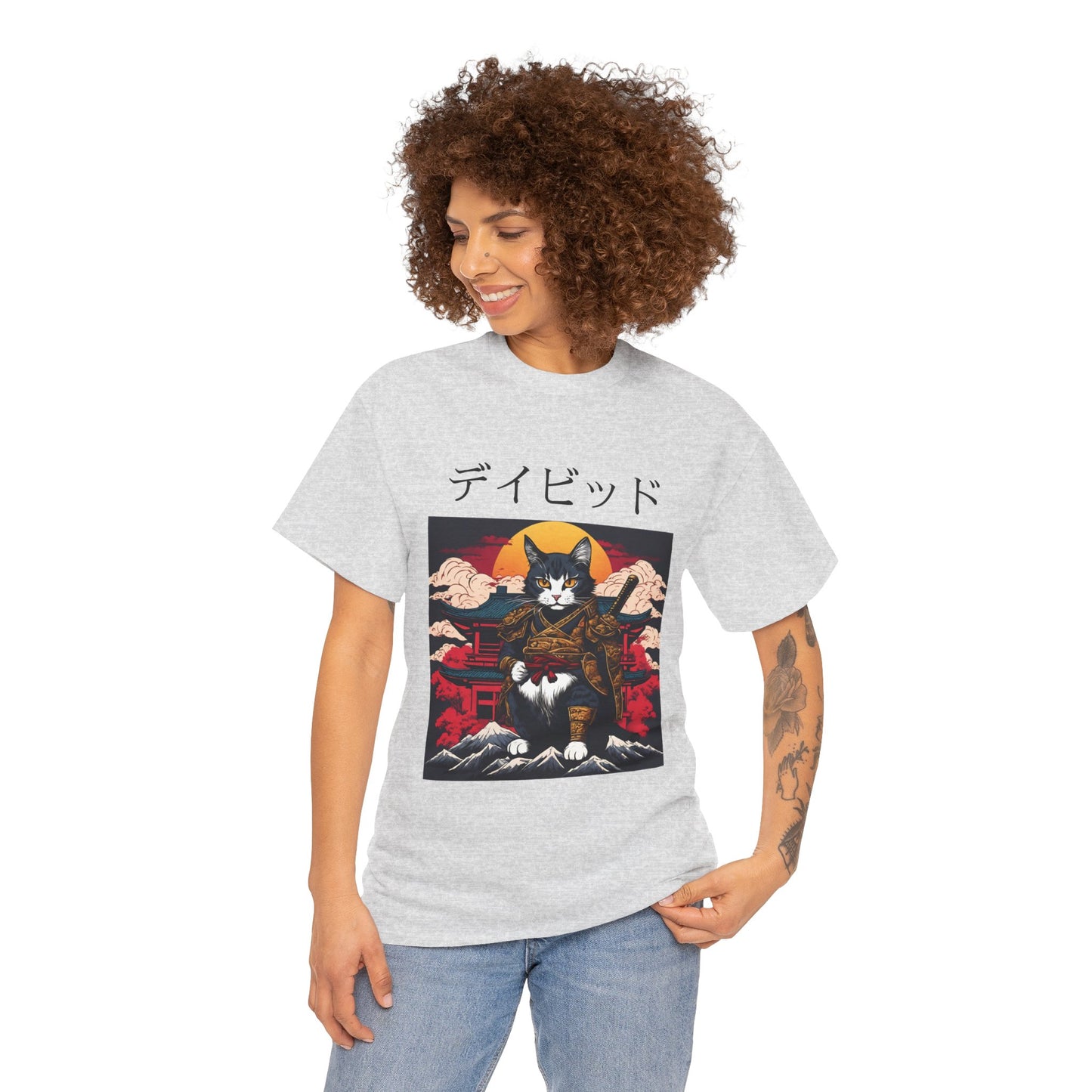 T-shirt japonais personnalisé avec votre nom T-shirt japonais personnalisé T-shirt d'anime de chat samouraï Votre texte Hiragana Katakana Kanji Femmes Hommes T-shirt