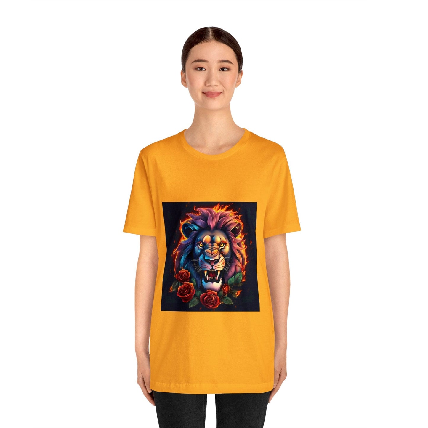 Ojo de León Valiente Llamas y Rosas Unisex Jersey Camiseta de manga corta Flashlander