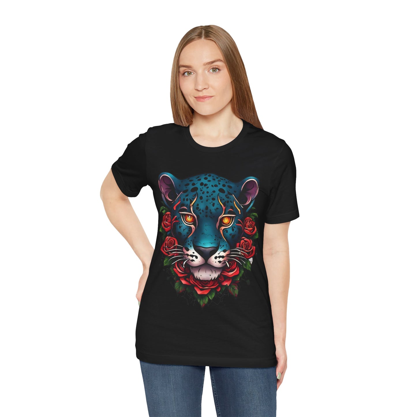 T-shirt graphique unisexe Jaguar Flames and Roses Flashlander