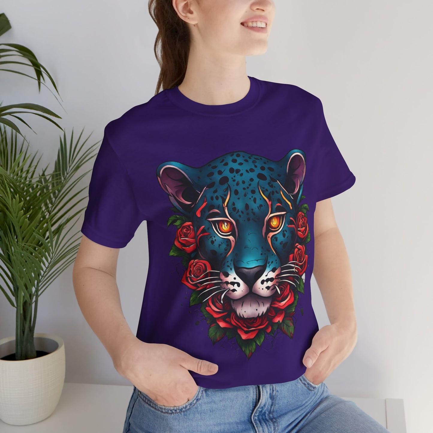 T-shirt graphique unisexe Jaguar Flames and Roses Flashlander