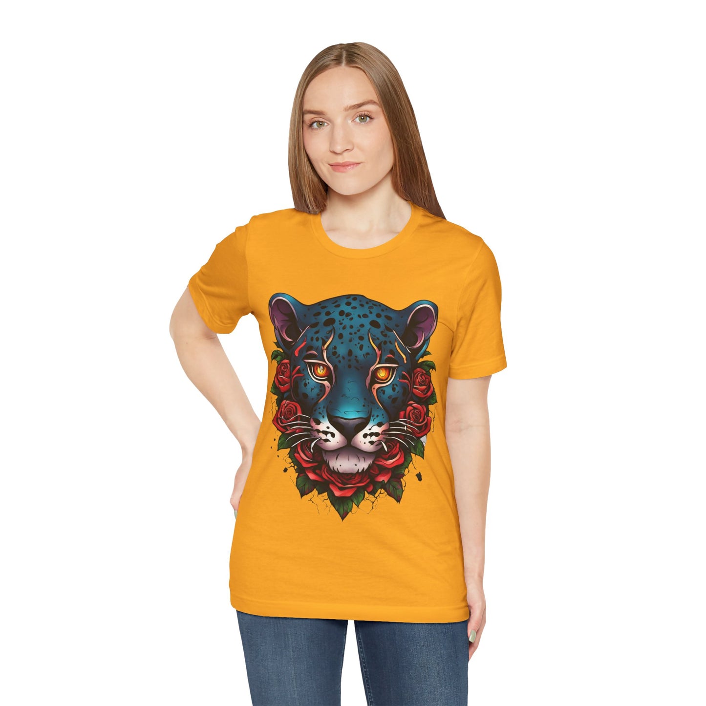 T-shirt graphique unisexe Jaguar Flames and Roses Flashlander