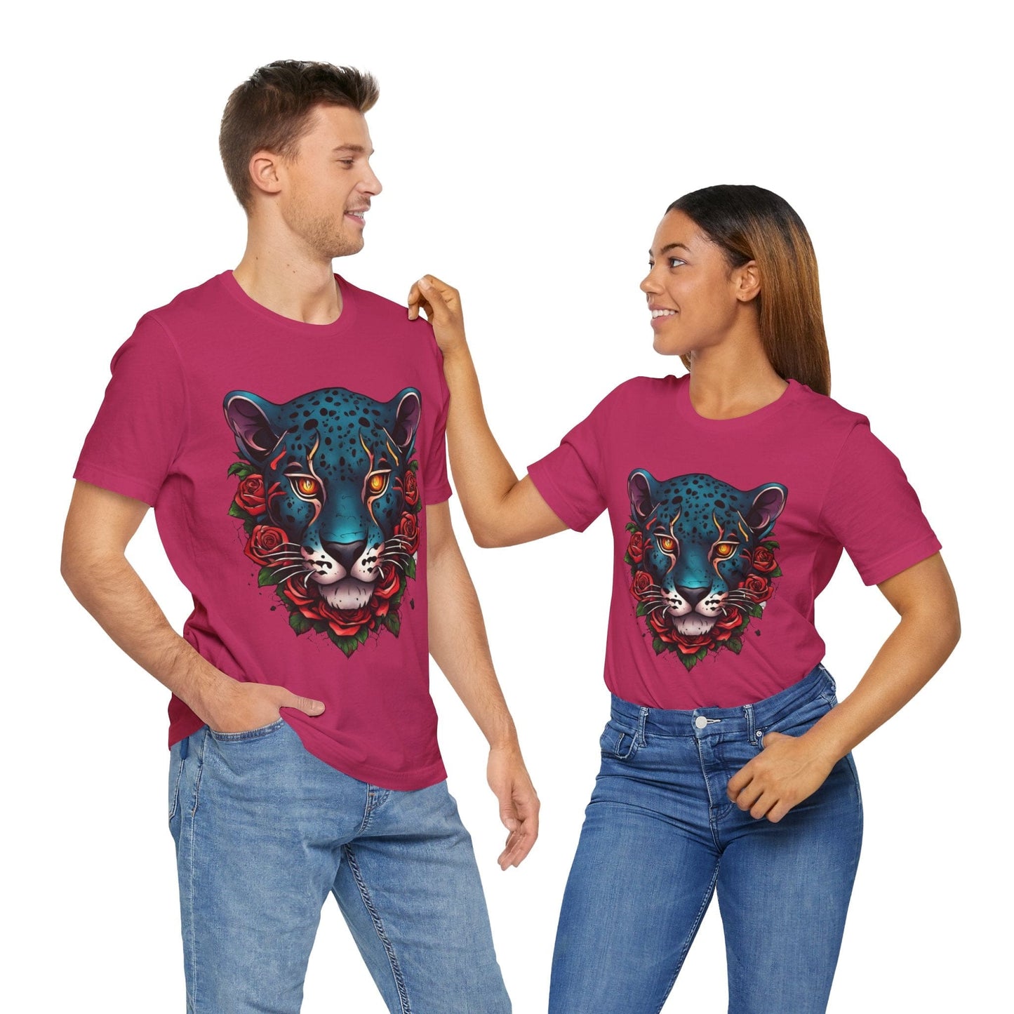 T-shirt graphique unisexe Jaguar Flames and Roses Flashlander