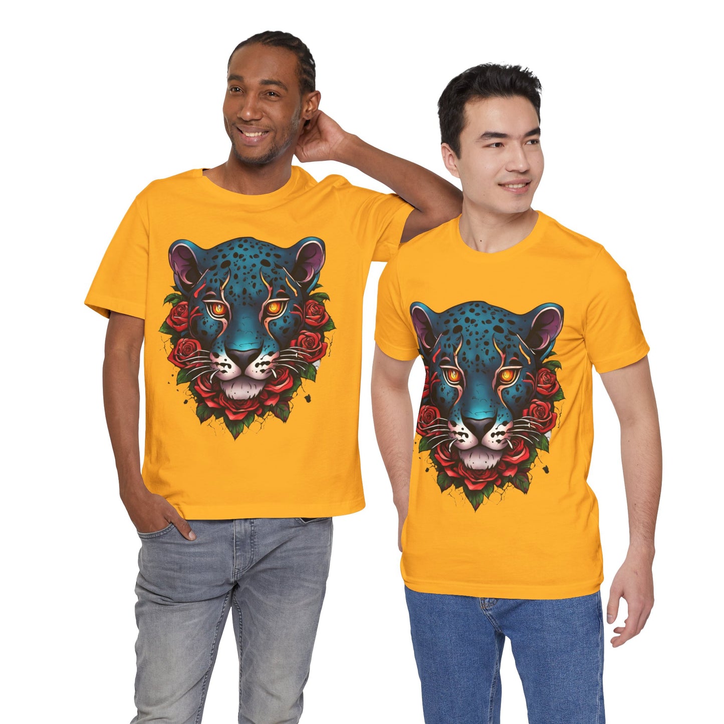 T-shirt graphique unisexe Jaguar Flames and Roses Flashlander