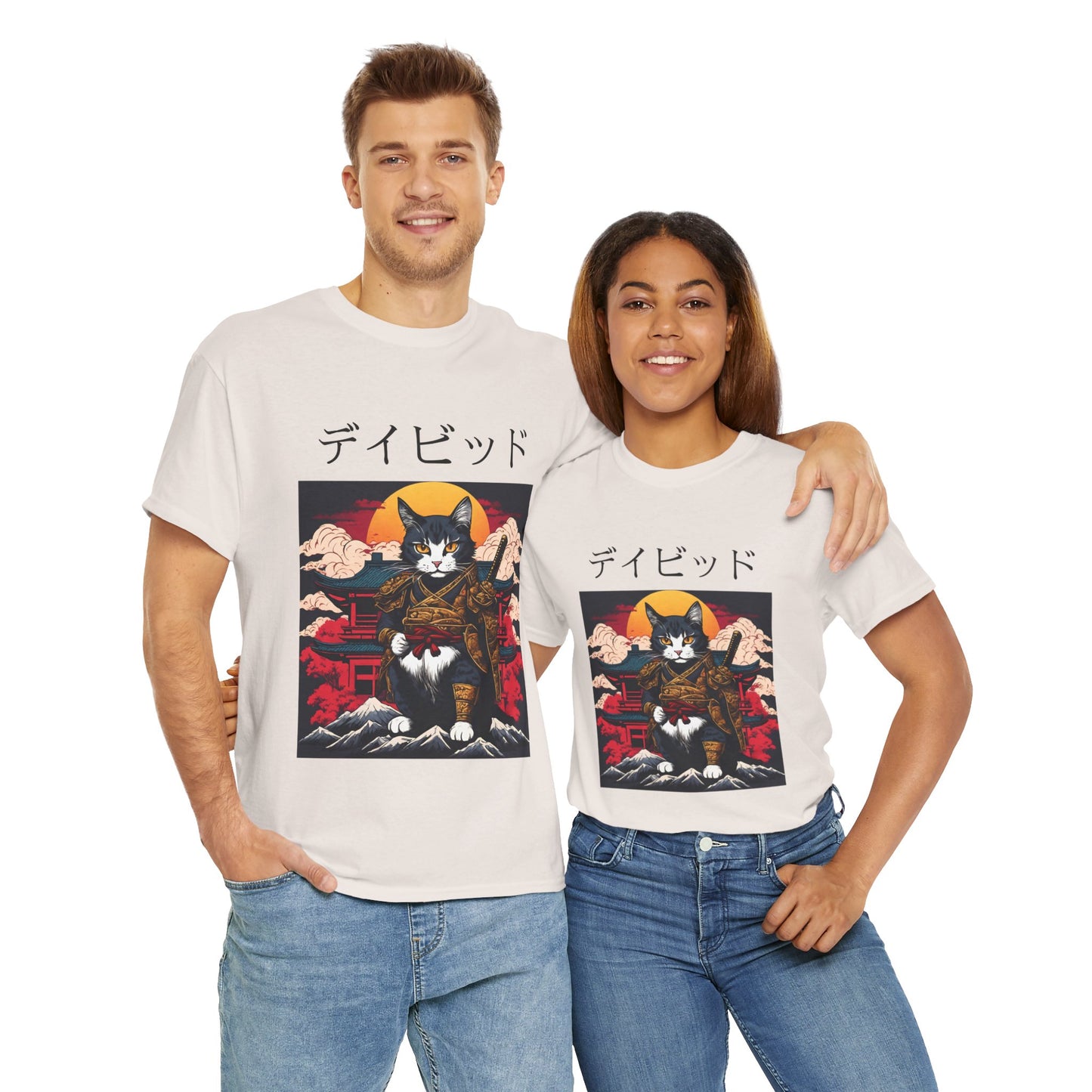 T-shirt japonais personnalisé avec votre nom T-shirt japonais personnalisé T-shirt d'anime de chat samouraï Votre texte Hiragana Katakana Kanji Femmes Hommes T-shirt