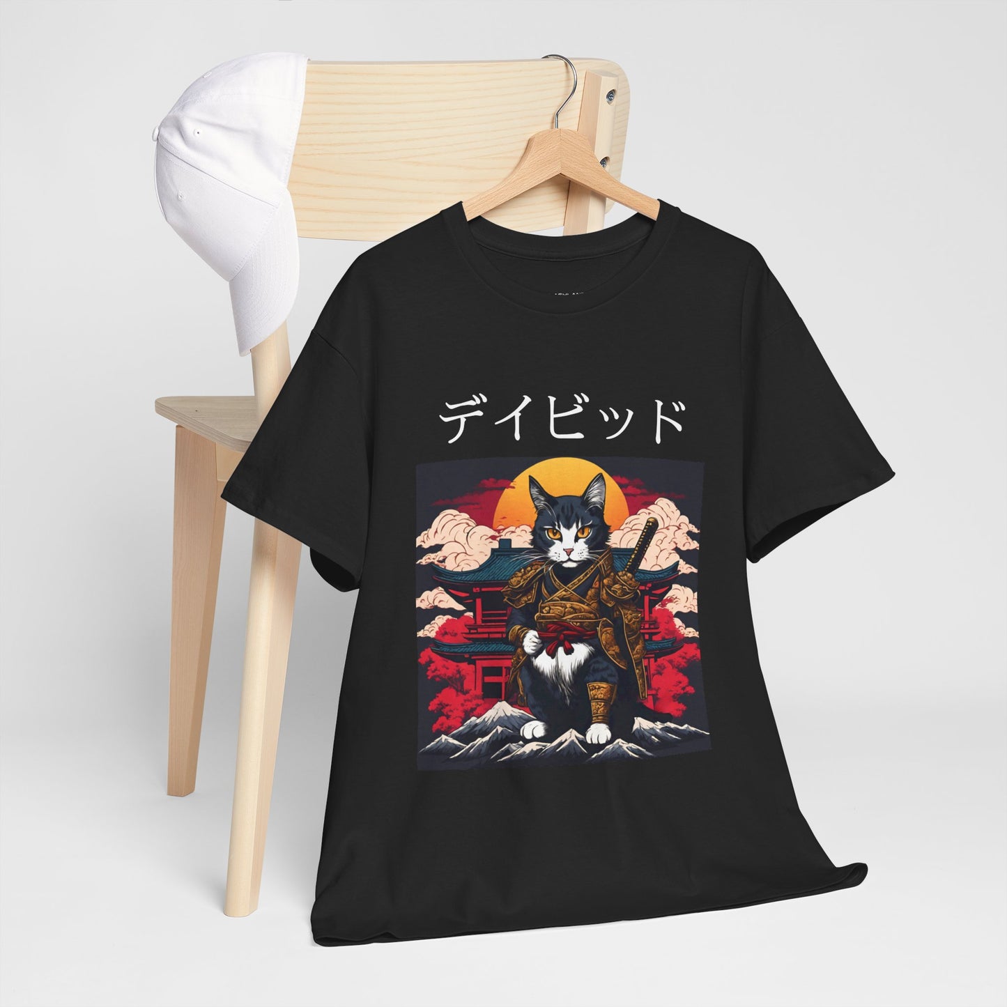 T-shirt japonais personnalisé avec votre nom T-shirt japonais personnalisé T-shirt d'anime de chat samouraï Votre texte Hiragana Katakana Kanji Femmes Hommes T-shirt