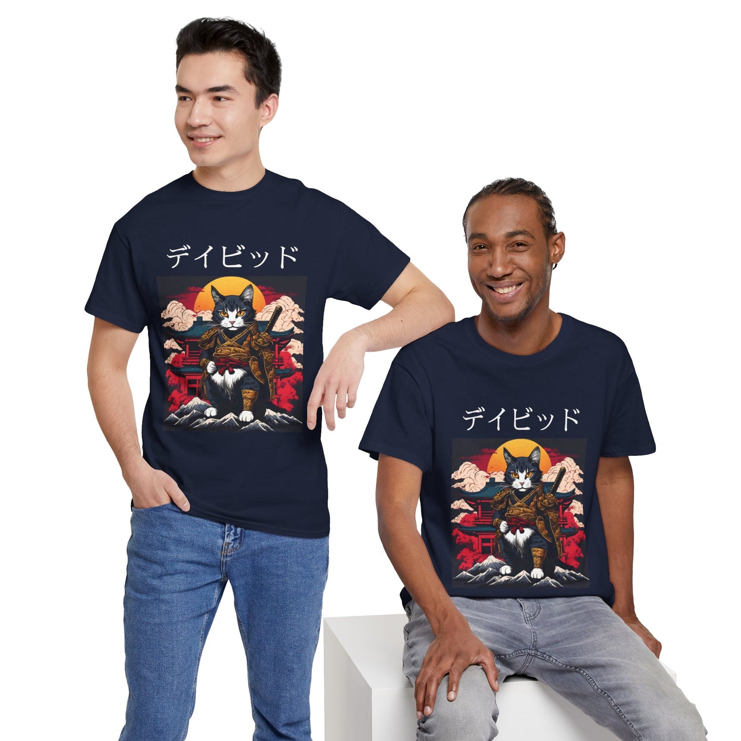 T-shirt japonais personnalisé avec votre nom T-shirt japonais personnalisé T-shirt d'anime de chat samouraï Votre texte Hiragana Katakana Kanji Femmes Hommes T-shirt